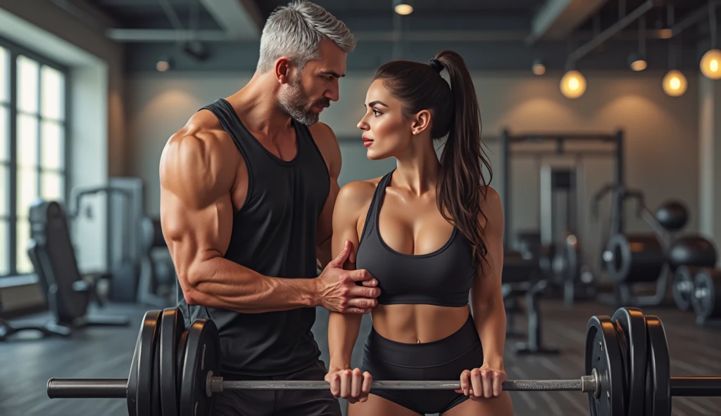 
A fit, attractive woman wearing gym attire is holding a dumbbell in one hand, standing confidently. Beside her is a muscular man, also in gym wear, who has his arm around her waist in a protective yet affectionate embrace. The scene is set in a gym with a warm, motivational atmosphere, with both figures exuding strength and confidence.
 

