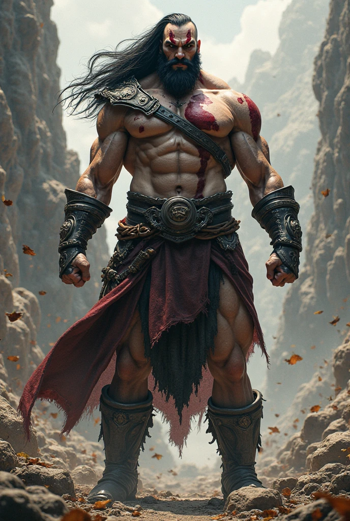 A fast bruise all over the body,Holding a spear in his hand,Fight for blood,of handsome men,8K realism