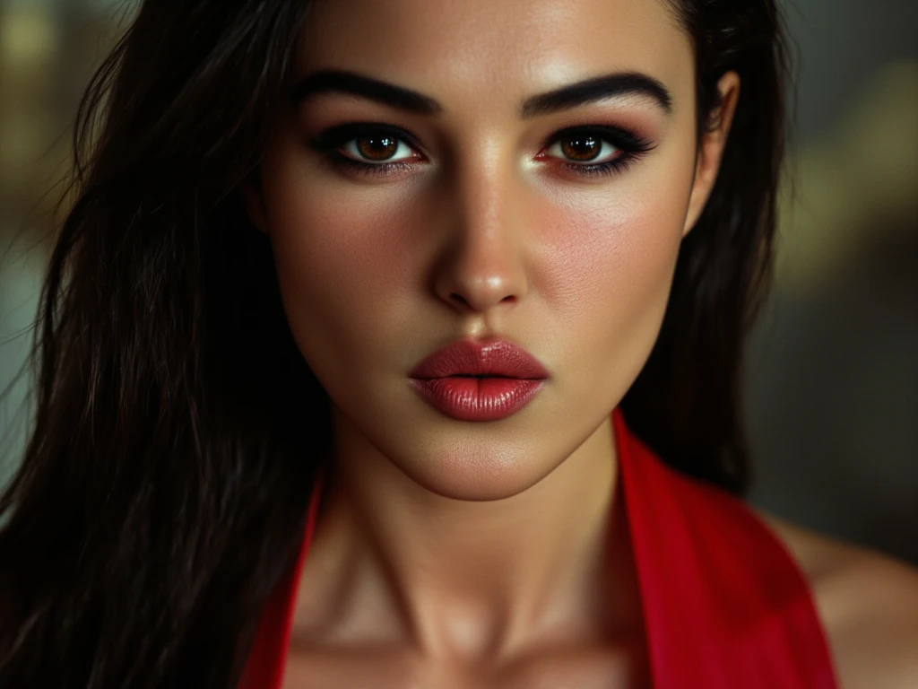 masterpiece, Highest quality, 8K, Official Art, Cinematic Light, Ultra-high resolution, Cowboy Shot、 Tie your hair back tightly、One Mature Woman, 45 Talent、Beautiful Face、Sexy mother, Earrings, View your audience, hoop Earrings, Brown Hair, Brown eyes, Brown background BREAK Purple underwear、, Red lips、Detailed face、Fine grain、Detailed gaze、