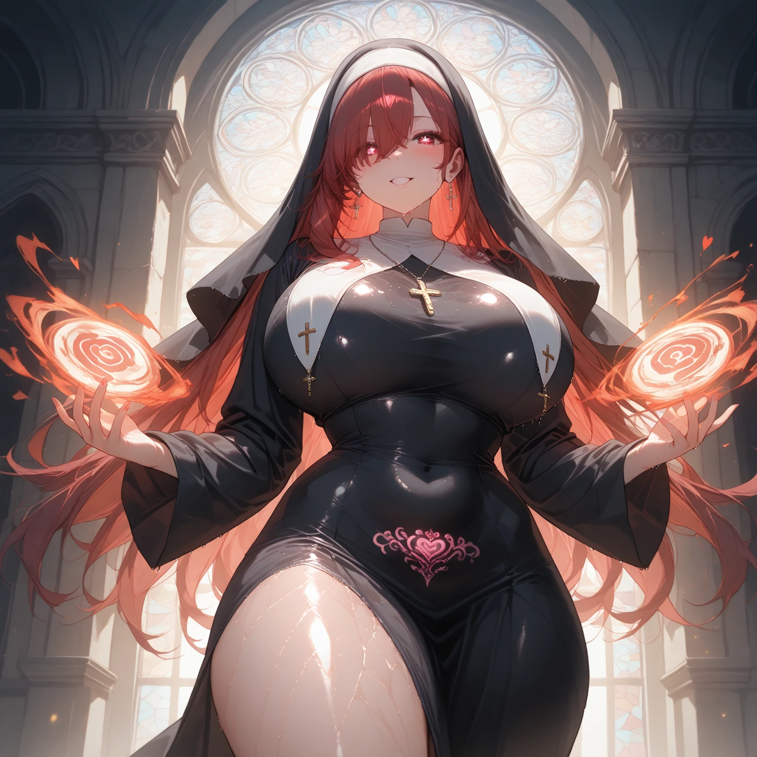 Glossy, curly black hair, (Dragon Princess),, (Fiery red eyes), Tall (((Bishop girl)))

One girl, alone, looking at the viewer, confident, ,

Curvy, big, thighs,