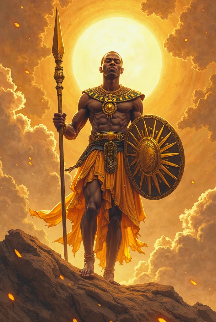 Create an image of the Yoruba healing god Obaluaiê. Full-body image. He wears a straw outfit that covers his body from head to knees, but his arms and legs are visible. He is a muscular black man. He carries two healing objects in his hand.