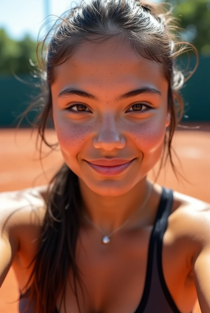 young below average woman, pretty smile, ultra textured skin, brown hair in high ponytail, thick hair, perfect brown eyes, perfect skin, face is looking in camera, green top and black shorts, gym in the background, sport strong pose