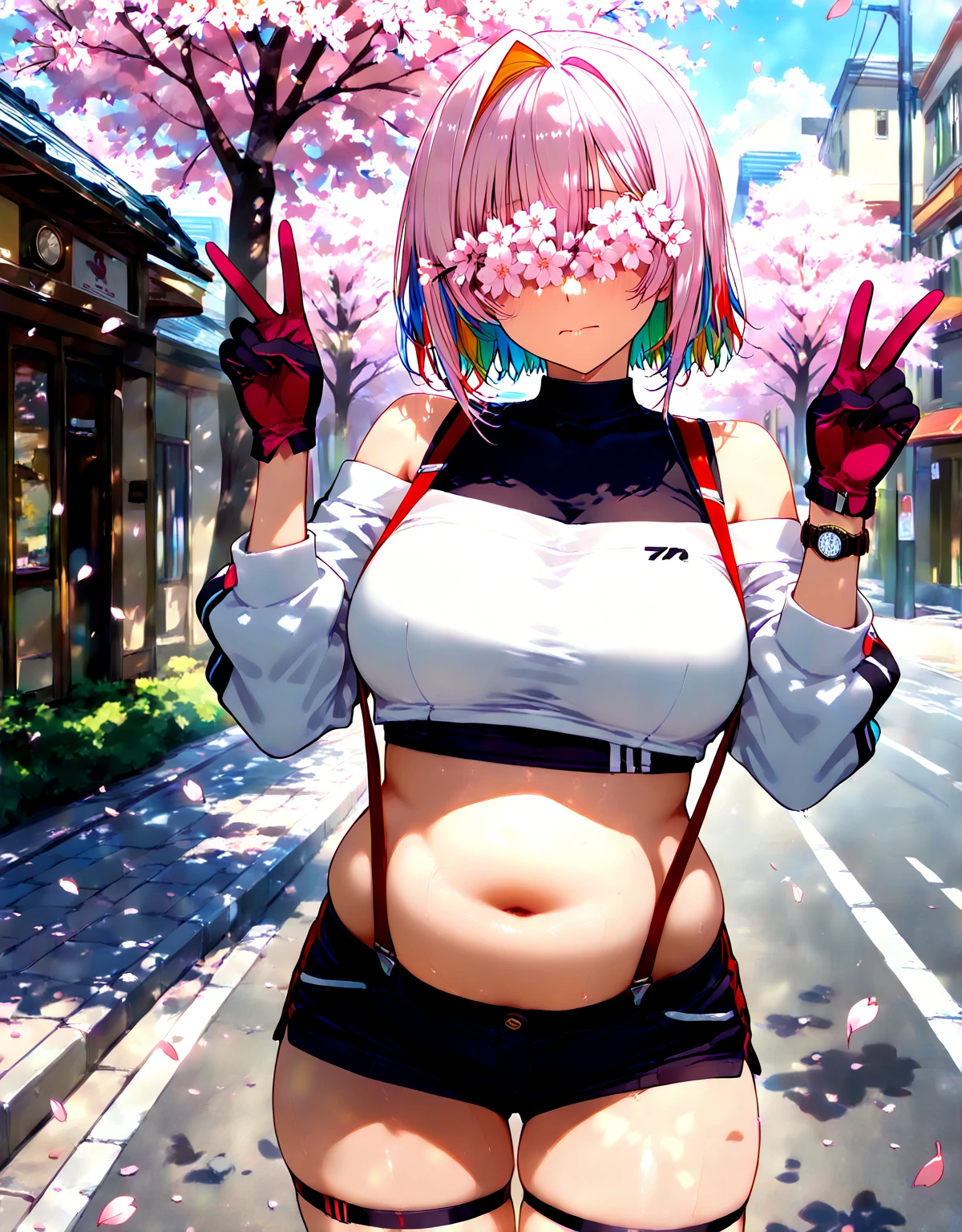 masterpiece,best quality,highres,ultra-detailed,aaeimi,halo,purple eyes,long hair,bangs,large breasts,headphones around neck,cleavage,off shoulder,(black jacket:1.1),open clothes,long sleeves,shirt,(white shirt:1.4),red necktie,necktie between breasts,(black bikini:1.1),zipper,(white skirt:1.2),bandaid on leg,(black socks:1.2),shoes,black footwear,<lora:eimi_(blue_archive):0.8>,(skirt lift:1.4),blush,(embarrass:1.2),outdoors,garden,panties,