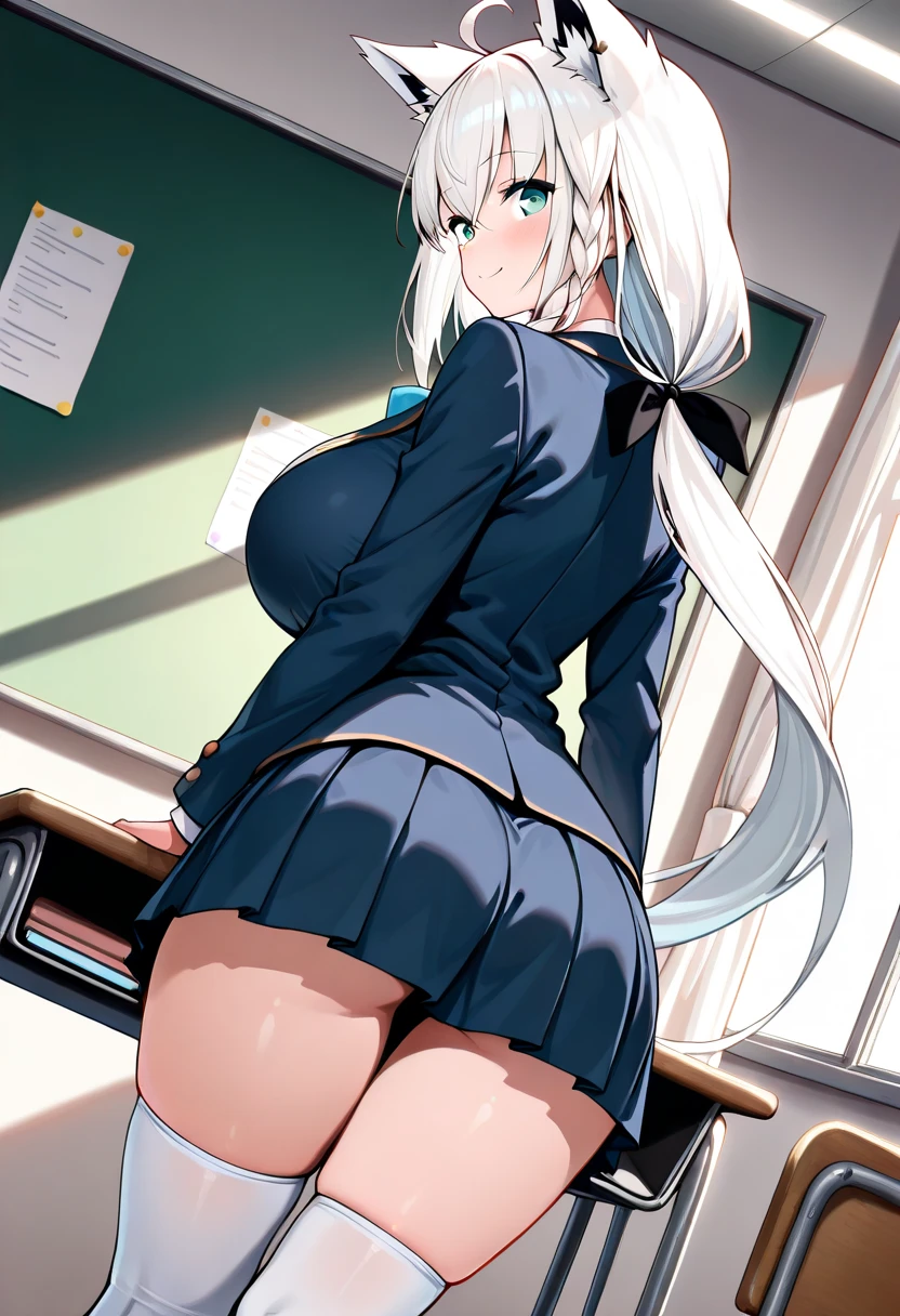 OguriCap \(Uma Musume Pretty Derby\),(Adult women), Shiny skin,(School uniform_Pleated skirt),(Panties through pantyhose:1.3)Silver Hair,Long Hair,(Plump thighs:1.3),(muscular legs:1.3),(Plump body),Sunlight pours in through the window,blush,indoor,(steam:1.3),(Backwards),(Get on all fours),(On the bed),(Stick your butt out),(Angle from behind:1.3),(View your viewers),(Pull up your skirt),(Huge Ass:1.3)