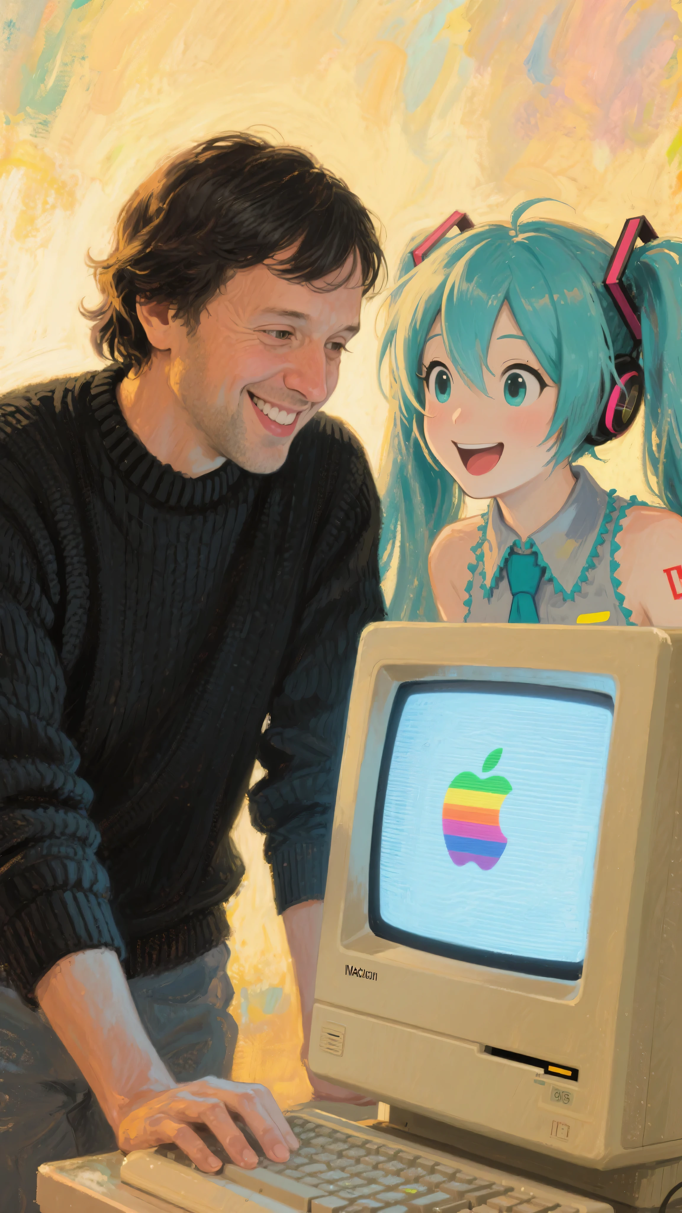 an impressionist close-up painting of a young Steve Jobs with medium-length black hair parted to the side, wearing a black long-sleeved knit shirt, standing beside Hatsune Miku, both leaning in very close to the glowing CRT screen of the original Macintosh computer (1984), the screen displaying only the rainbow Apple logo with no text, Jobs smiling proudly as if explaining, while Miku gazes at the screen with bright eyes and a delighted, impressed expression, as if she recognizes it as a rare and special machine, gentle golden light illuminating their faces, painterly brushstrokes, dreamy nostalgic atmosphere, impressionist art style
