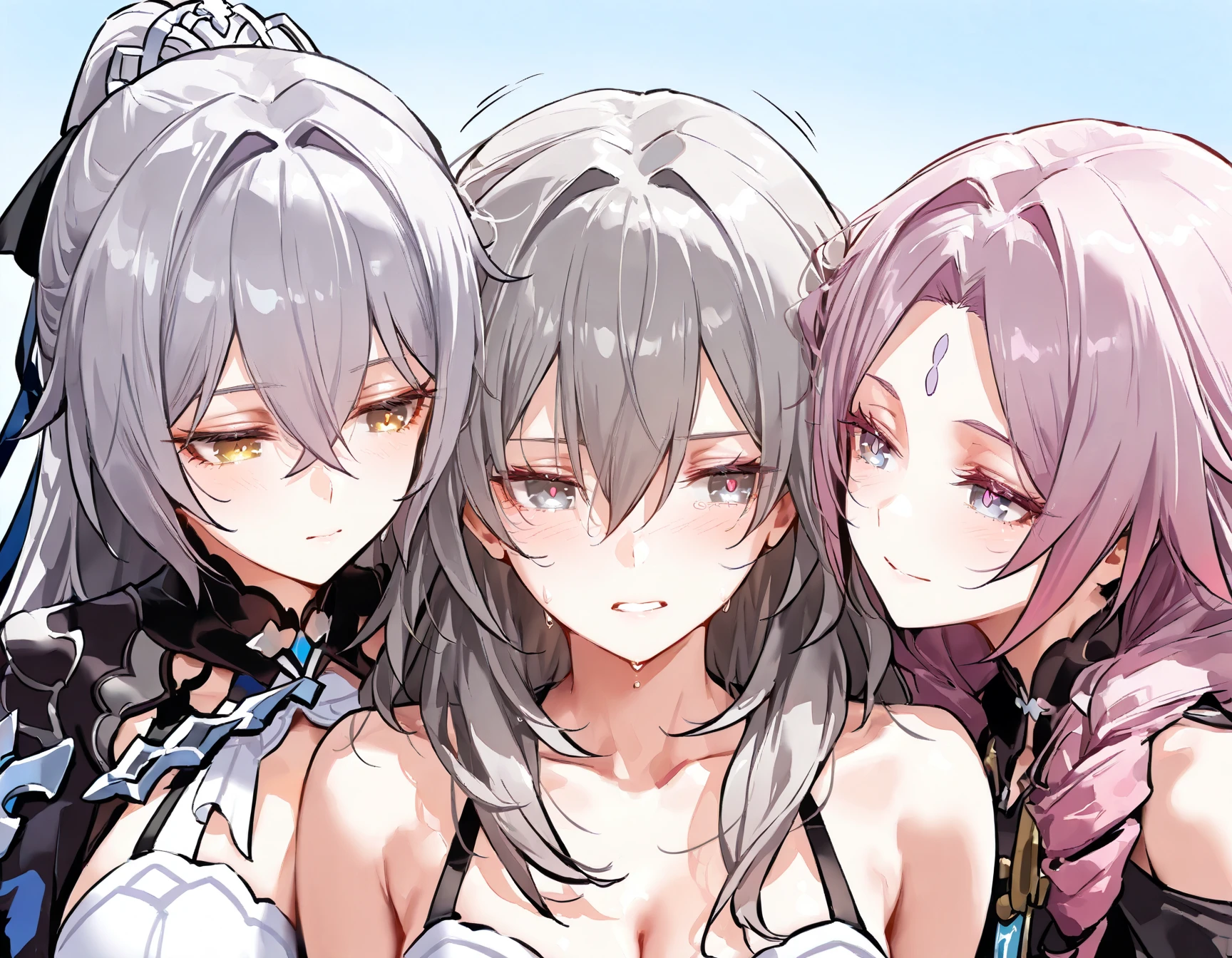 masterpiece, best quality, 3 Korean girls close to one another, deep blush, grin, looking at viewer, living room background