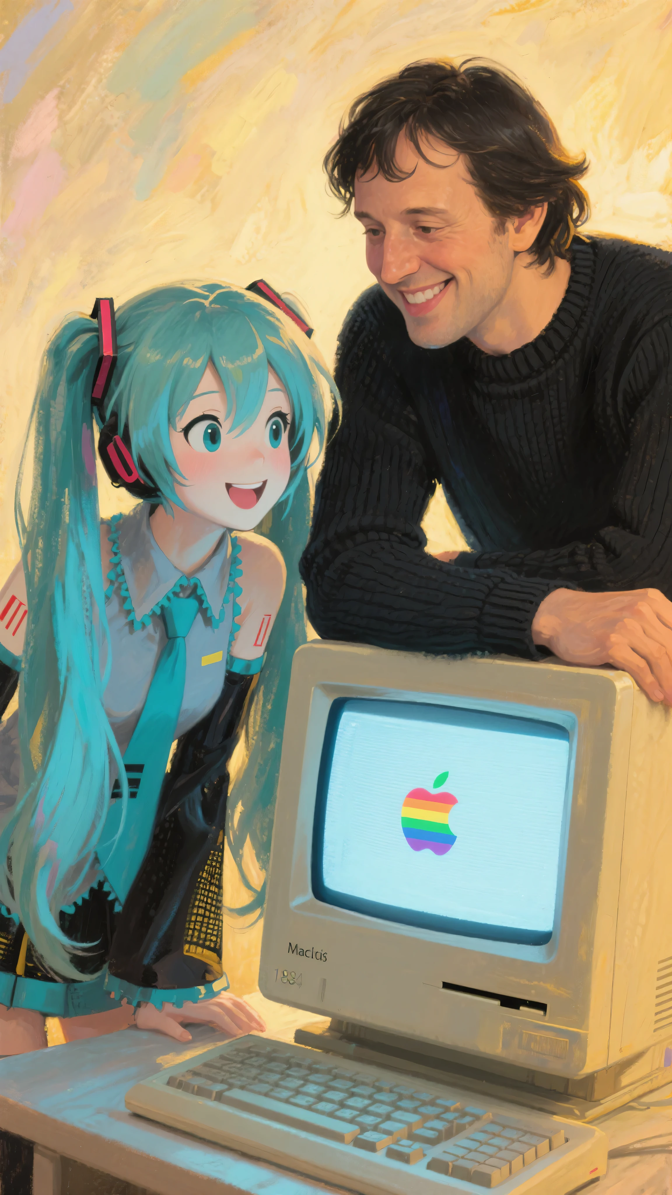 an impressionist close-up painting of a young Steve Jobs with medium-length black hair parted to the side, wearing a black long-sleeved knit shirt, standing beside Hatsune Miku, both leaning in very close to the glowing CRT screen of the original Macintosh computer (1984), the screen displaying only the rainbow Apple logo with no text, Jobs smiling proudly as if explaining, while Miku gazes at the screen with bright eyes and a delighted, impressed expression, as if she recognizes it as a rare and special machine, gentle golden light illuminating their faces, painterly brushstrokes, dreamy nostalgic atmosphere, impressionist art style
