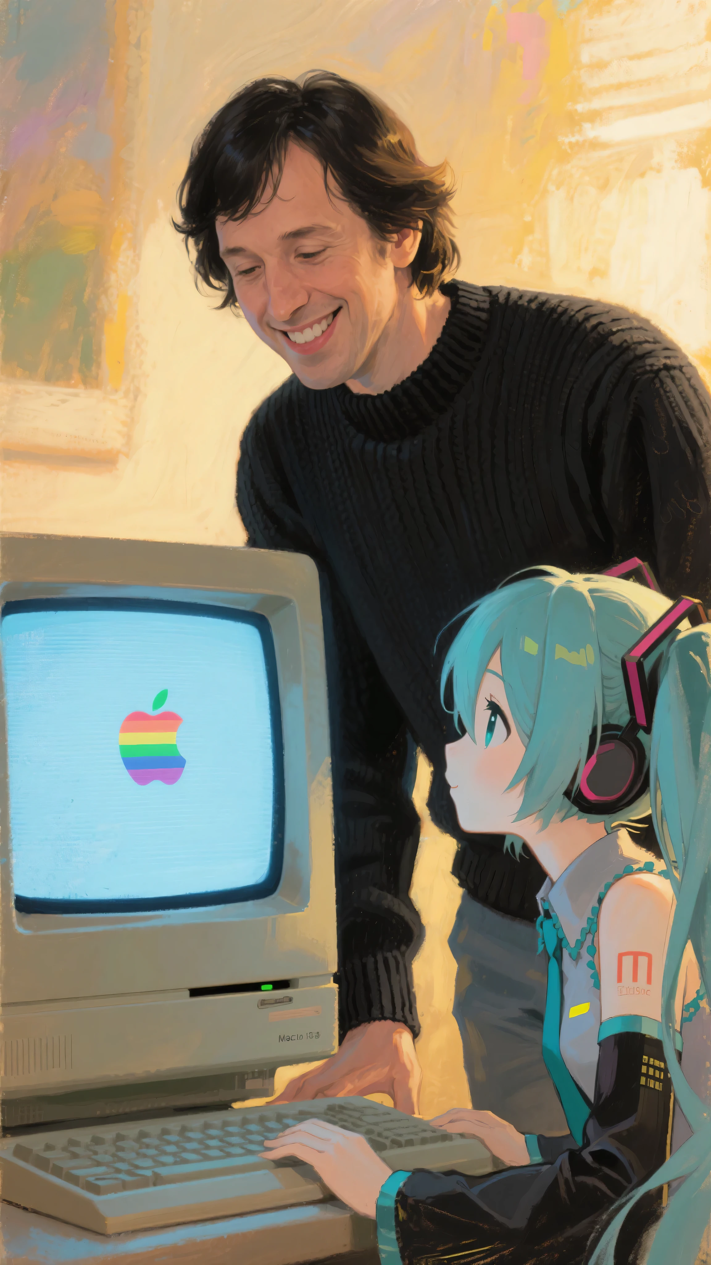 an impressionist close-up painting of a young Steve Jobs with medium-length black hair parted to the side, wearing a black long-sleeved knit shirt, standing beside Hatsune Miku, both leaning in very close to the glowing CRT screen of the original Macintosh computer (1984), the screen displaying only the rainbow Apple logo with no text, Jobs smiling proudly as if explaining, while Miku gazes at the screen with bright eyes and a delighted, impressed expression, as if she recognizes it as a rare and special machine, gentle golden light illuminating their faces, painterly brushstrokes, dreamy nostalgic atmosphere, impressionist art style
