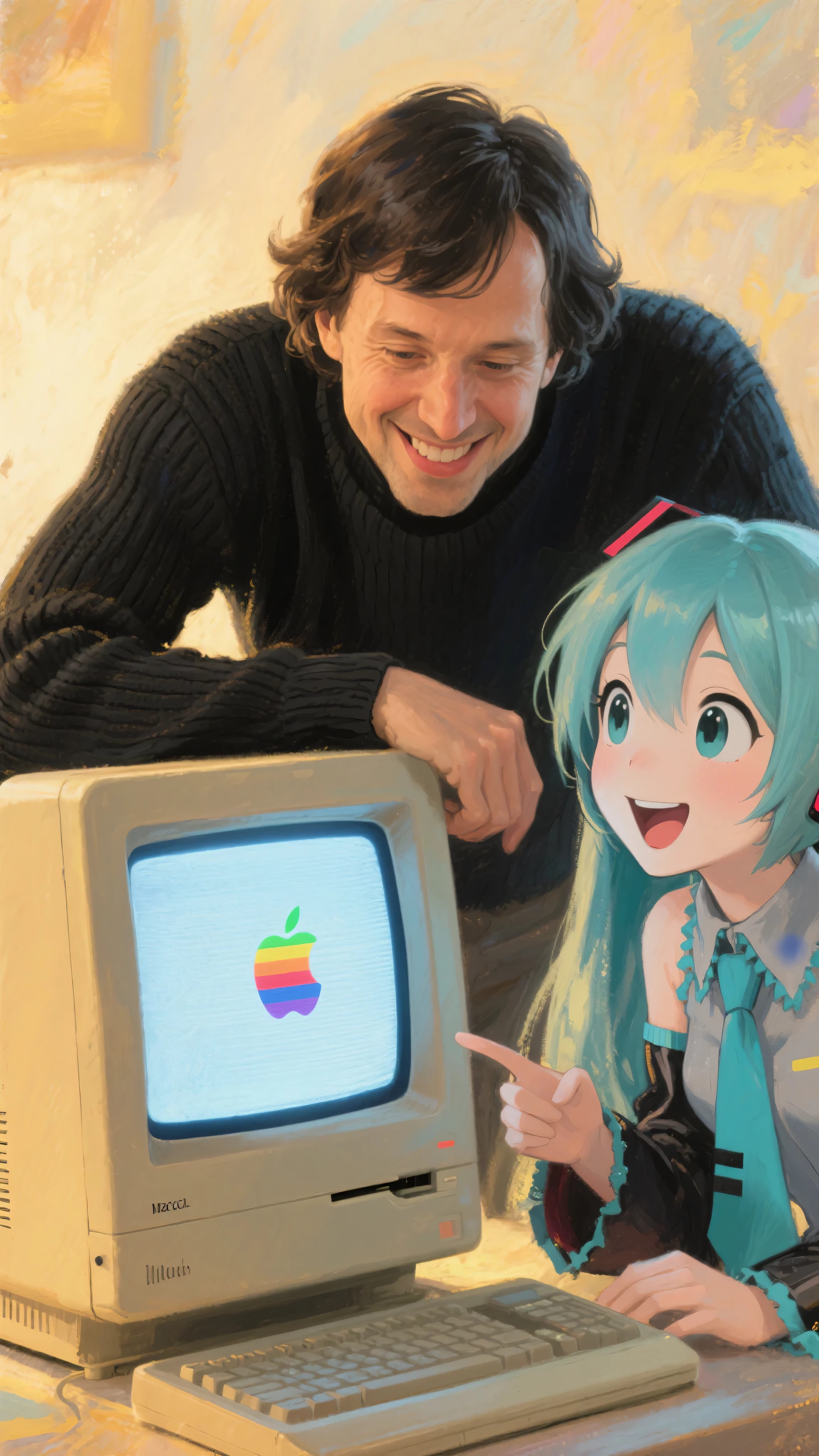 an impressionist close-up painting of a young Steve Jobs with medium-length black hair parted to the side, wearing a black long-sleeved knit shirt, standing beside Hatsune Miku, both leaning in very close to the glowing CRT screen of the original Macintosh computer (1984), the screen displaying only the rainbow Apple logo with no text, Jobs smiling proudly as if explaining, while Miku gazes at the screen with bright eyes and a delighted, impressed expression, as if she recognizes it as a rare and special machine, gentle golden light illuminating their faces, painterly brushstrokes, dreamy nostalgic atmosphere, impressionist art style
