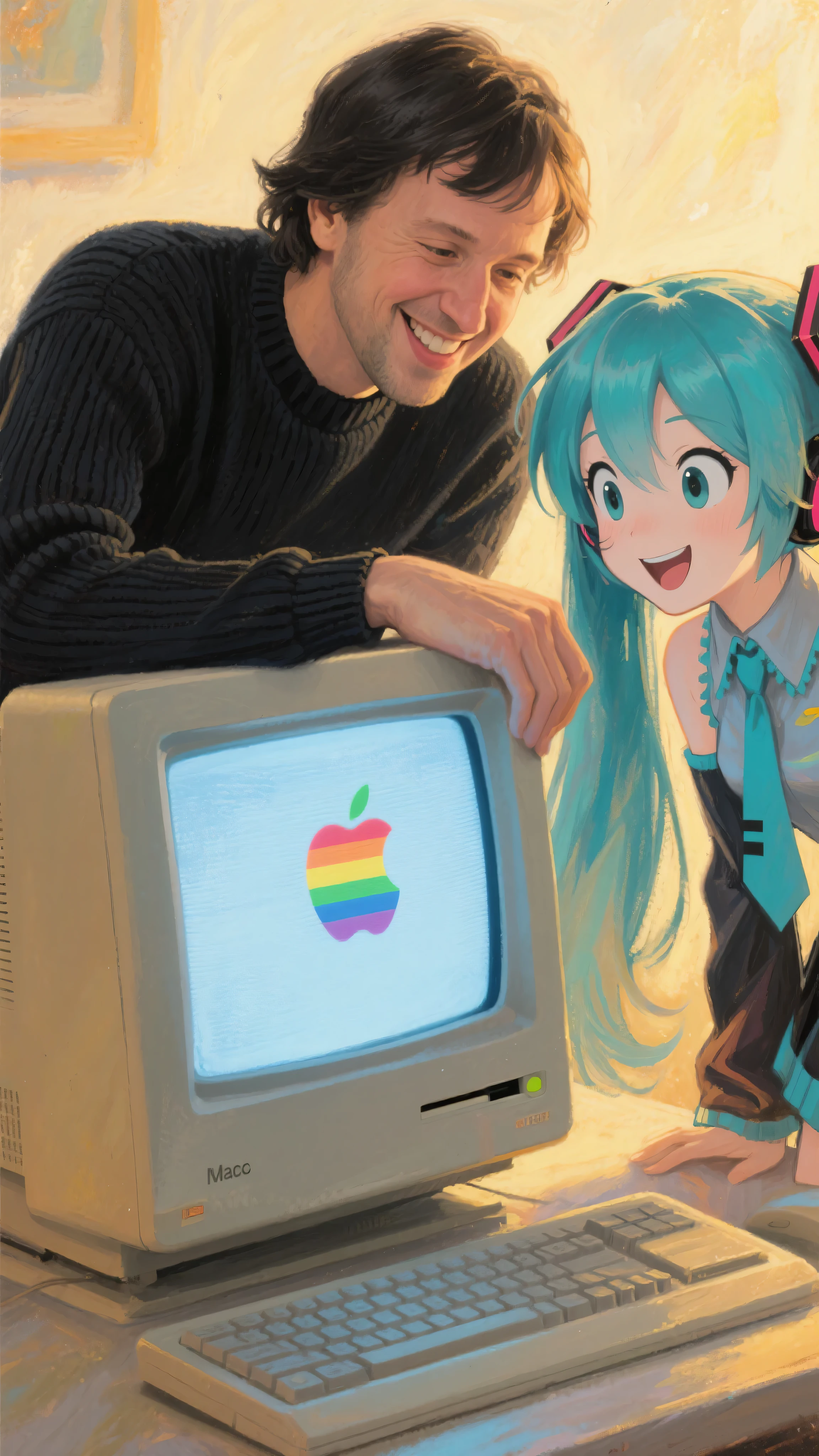 an impressionist close-up painting of a young Steve Jobs with medium-length black hair parted to the side, wearing a black long-sleeved knit shirt, standing beside Hatsune Miku, both leaning in very close to the glowing CRT screen of the original Macintosh computer (1984), the screen displaying only the rainbow Apple logo with no text, Jobs smiling proudly as if explaining, while Miku gazes at the screen with bright eyes and a delighted, impressed expression, as if she recognizes it as a rare and special machine, gentle golden light illuminating their faces, painterly brushstrokes, dreamy nostalgic atmosphere, impressionist art style
