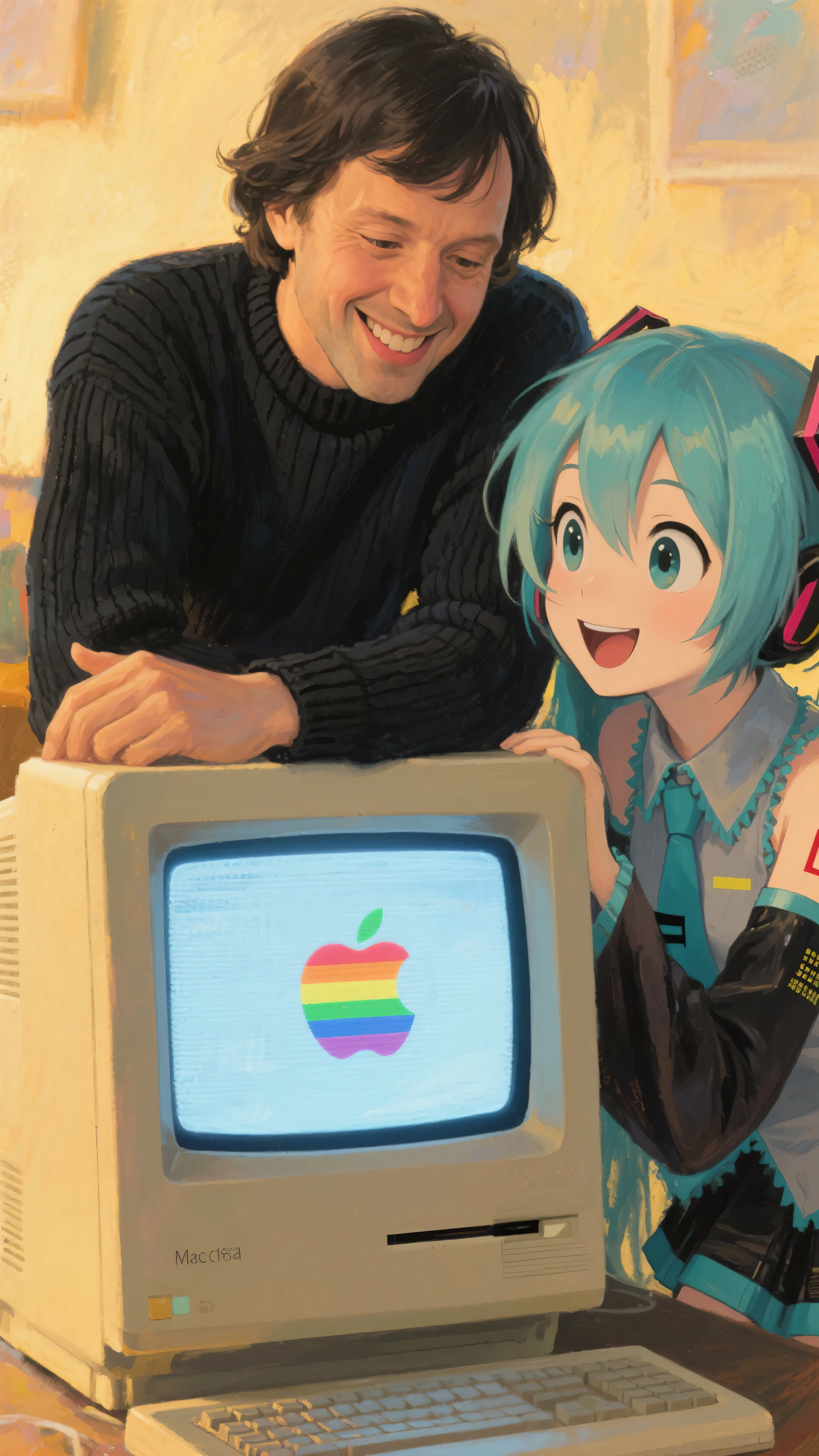 an impressionist close-up painting of a young Steve Jobs with medium-length black hair parted to the side, wearing a black long-sleeved knit shirt, standing beside Hatsune Miku, both leaning in very close to the glowing CRT screen of the original Macintosh computer (1984), the screen displaying only the rainbow Apple logo with no text, Jobs smiling proudly as if explaining, while Miku gazes at the screen with bright eyes and a delighted, impressed expression, as if she recognizes it as a rare and special machine, gentle golden light illuminating their faces, painterly brushstrokes, dreamy nostalgic atmosphere, impressionist art style
