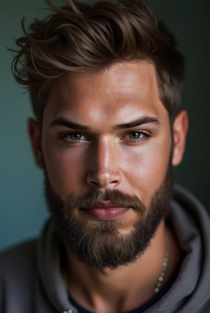 Hyperdetailed photography, soft light, portrait, cover, topmodel, hiperrealism, perfect face, pale skin, boy, curly short Brown hair, green eyes, sexy, smiling, 24 years old, Big Lips, Athletic body, little beard, hairy, masculinity, sexual, gay porn actor, perfect body