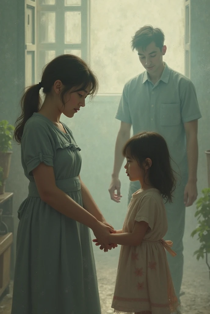 Drawing of a broken family. Which The father and daughter are facing left side and the mother is facing the right side.