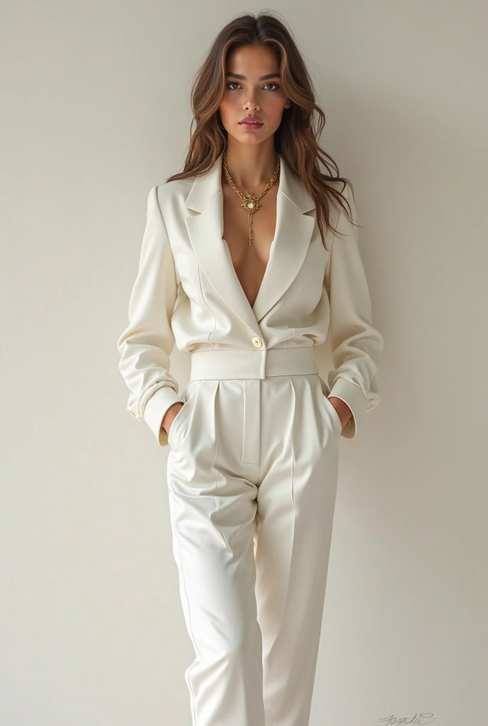 casual photo, Rosalind Franklin, short but voluminous black hair, white suit jacket, white wide leg pants, white boots, opening jacket to reveal breasts, seductive smile, big breasts