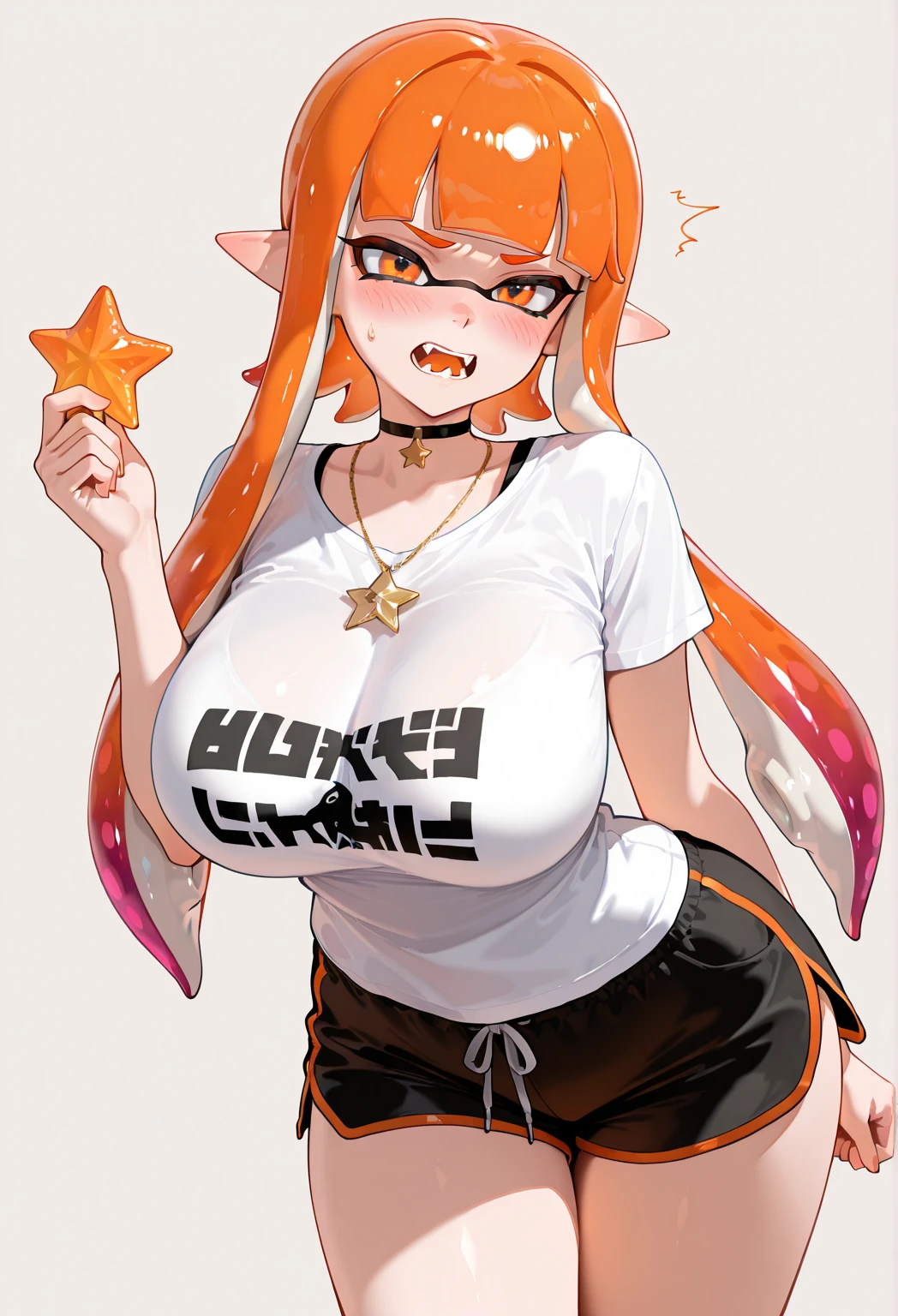 Anime illustration、highest quality、Uplifting、Plump female gang、Perfect proportions、Sex Appeal、Overwhelmingly large breasts、Fatty legs、Plump buttocks、Splatoon、Inkling、Tube top、hot pants、Street、Graffiti on an ink-stained wall、smile、Beautiful, shining eyes、Cowboy Shot、Military magazine cover、Heading、Stylish fonts、Bow-legged