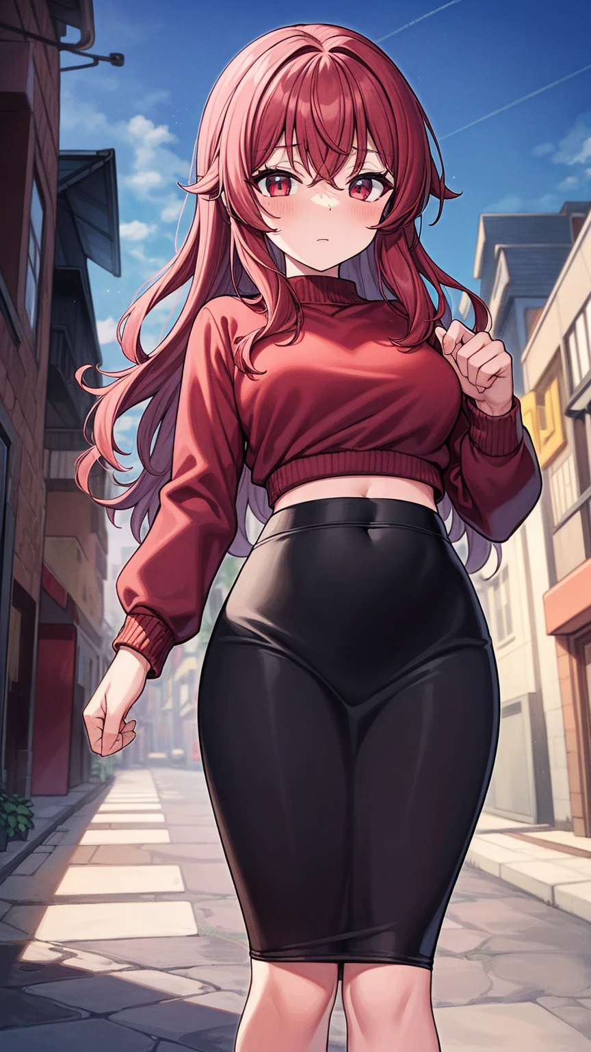masterpiece, high quality, detailed, extremely detailed, 4K, in the middle of an empty park, long hair, red hair, red pencil skirt, black shirt, black pantyhouse, <lora:Sueyuu_Style:1> sueyuu style, flat colors, white iris and black pupil, thick lines,