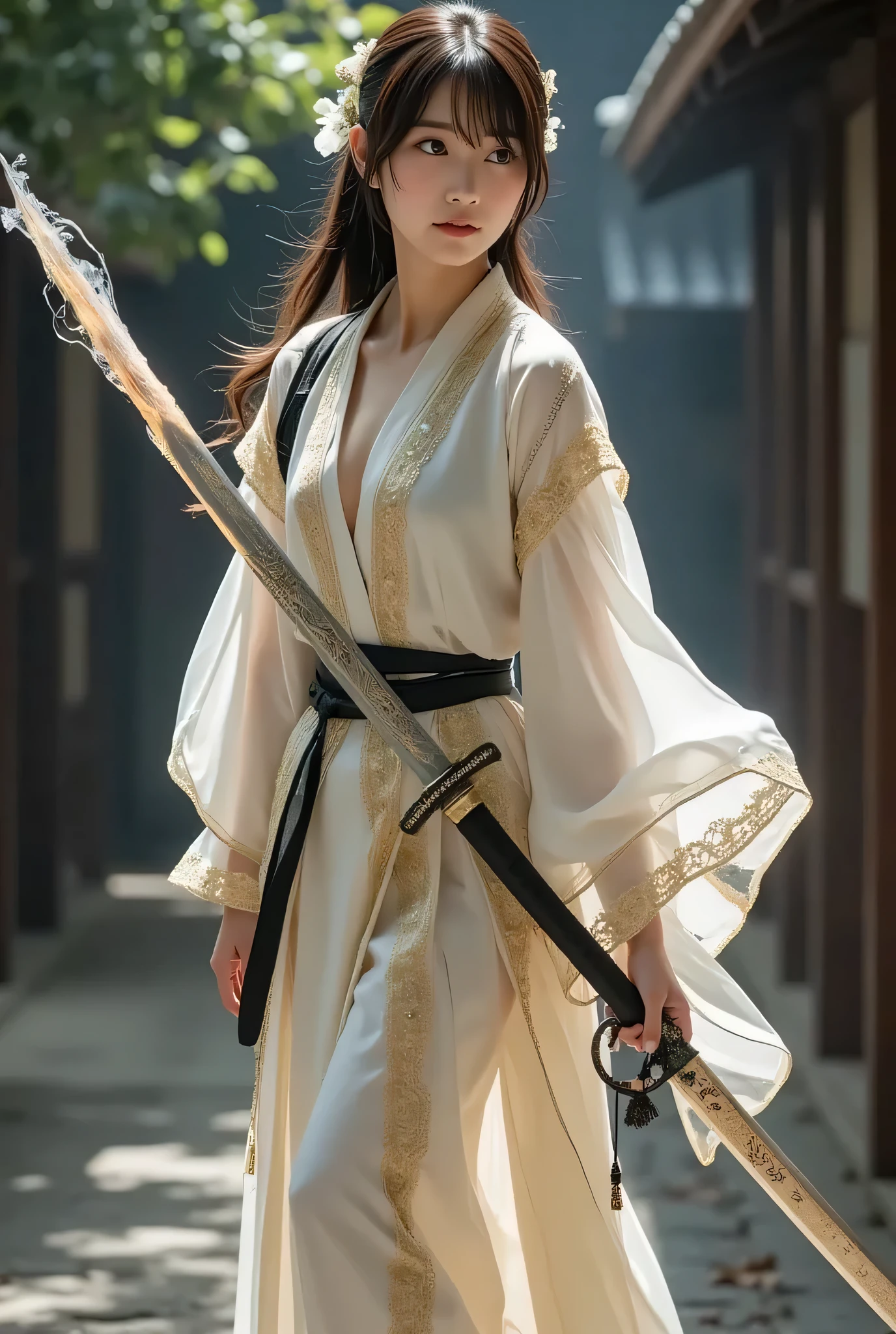 Beautiful Girl Samurai , Light clothing , gold , Walking with a sword ,(The blade is long and richly engraved)、(The Sword Glows Pale White)、(The Sword Has a Pale White Flame) 、full body、The whole sword、4Khigh definition , very detailed depiction , realistic texture , Professional Shooting , high definition , dragon shadow background、Mysterious Atmosphere