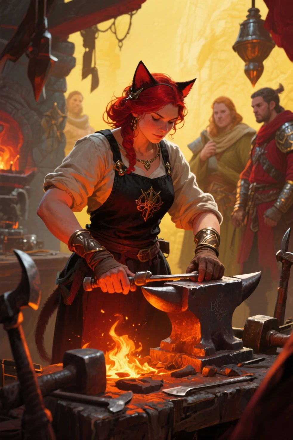 realistic, intricate details, warm colors, by Greg Rutkowski, by Alphonse Mucha. The image of a blacksmith woman, with long red hair, adds to the medieval stove, afternoon atmosphere, forging a sword in hot coals. add the one with the gray bat dragon.