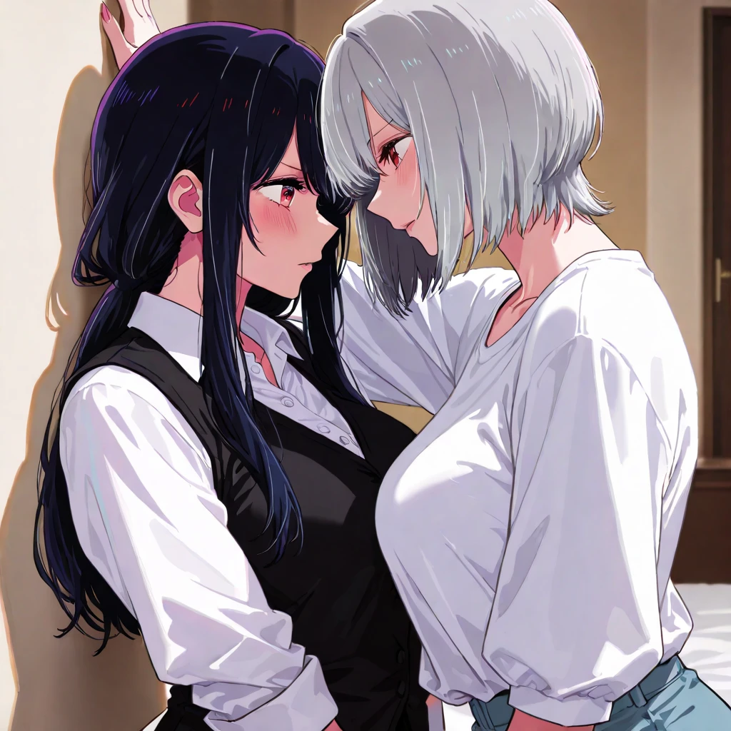 Kiss,lesbian kiss,mature woman,ceo and secretary,(small hair ceo),(ponytail hair secretary),CEO is sitting, dominant secretary,too many women, everyone kissing, sexy outfit