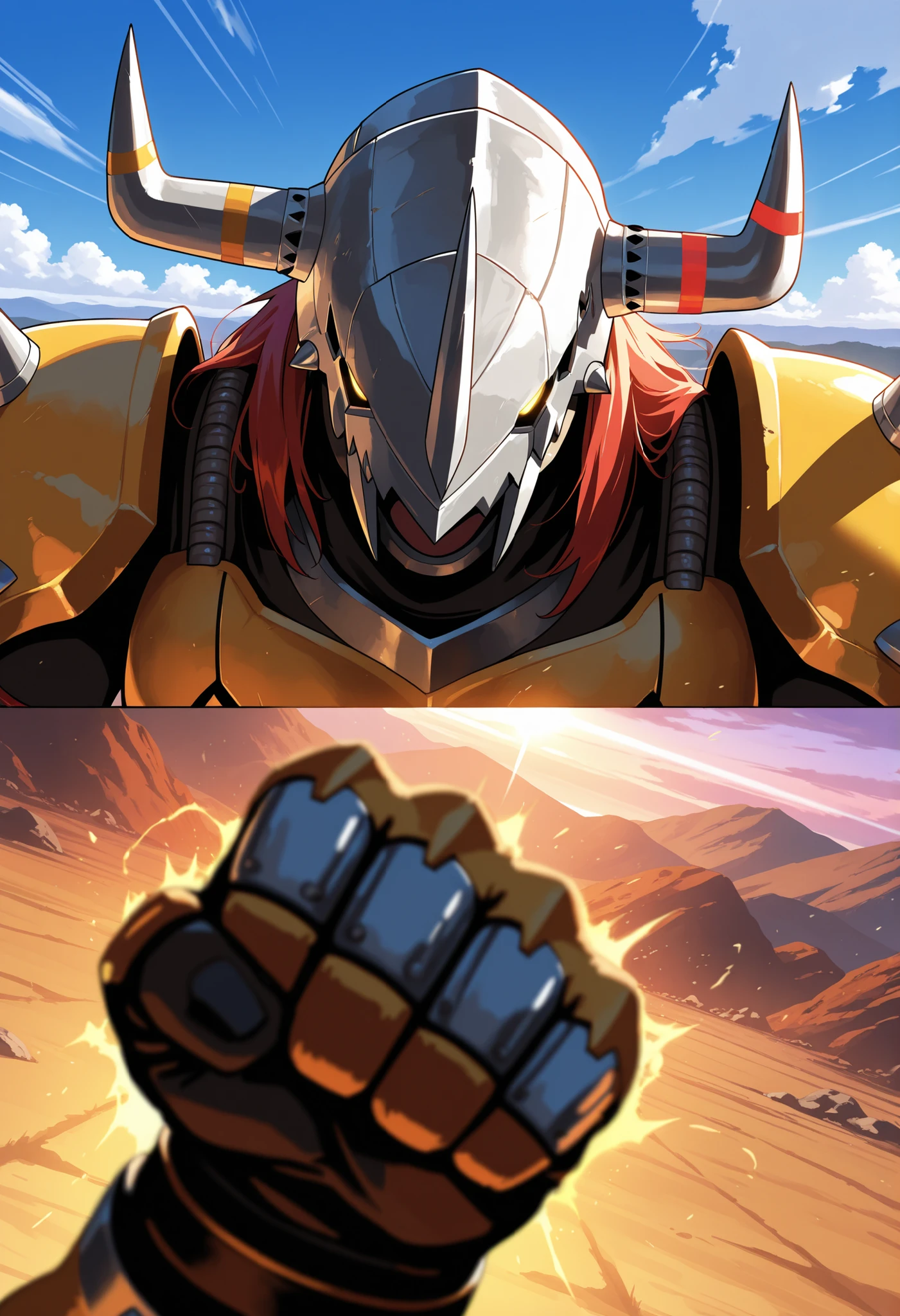 masterpiece, best quality, amazing quality, very aesthetic, absurdres, newest, detailed background, movie scene, cinematic scene, cinematic, Wargreymon, upper body, strechy_powers, incoming punch, dynamic pose