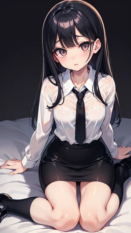 (8k、Best image quality、highest quality、masterpiece)、Detailed face、One girl、Black Hair、twintails、Grey Eyes、evil smile、Small breasts、((White collared shirt))、Long sleeve、((open clothes:1.3))、((Cleavage))、belly button、((black pantyhose:1.2))、kneeling、On the bed、Bedroom Background