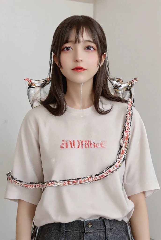 ollarbone,pastel colors t-shirt,off-shoulder look,bare shoulder,midriff peek,string panties,,open mouth,tongue out,cum on tongue,standing,Selfie,looking ahead,from above,flont view,cowboy shot,(1girl,Beautiful 14 year old girl),((Slender,Small breasts,Small face,)),looking at viewer,Black Hair,bangs,one side up,Beautiful and detailed,Mischievous smile,Dimly lit room,Simple Background,Black background,Low lighting