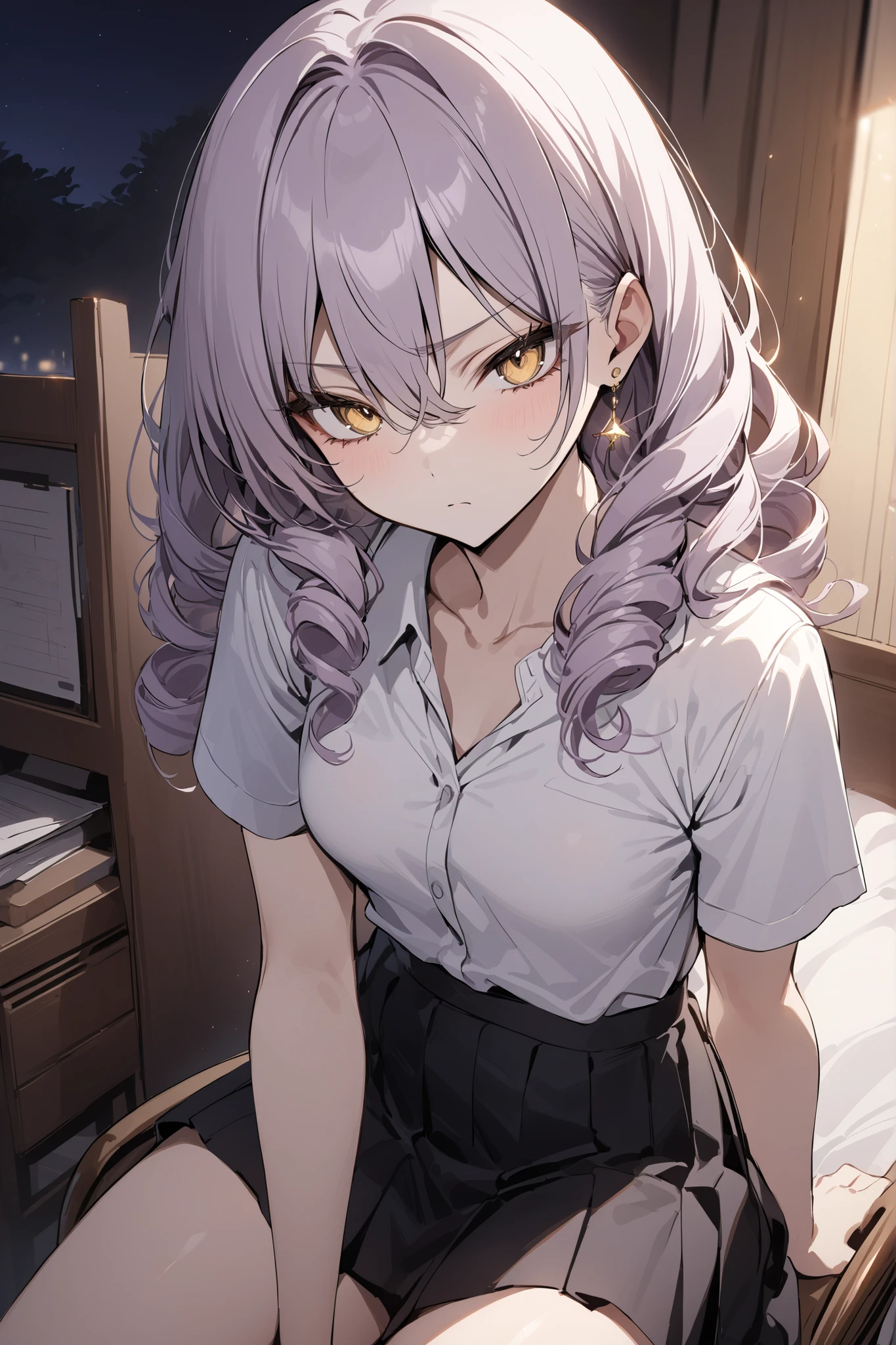 ((masterpiece,Highest Quality:1.2)),(soro),night,Slender, slender high school girl sitting on a chair in her room, light purple long curly hair ,Perfect yellow eyes, tree eyes ,serious expressionless,white school short sleeve blouse,(Black Pleated Skirt),Gold Earrings