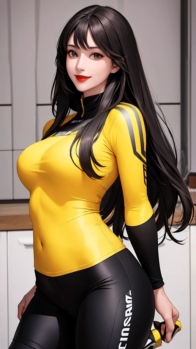 girl, with big breasts, orange spy suit, dark skinned ebony