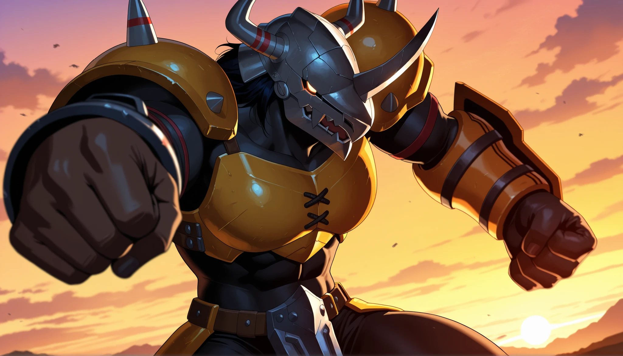 masterpiece, best quality, amazing quality, very aesthetic, absurdres, newest, detailed background, movie scene, cinematic scene, cinematic, Wargreymon, upper body, strechy_powers, incoming punch, dynamic pose