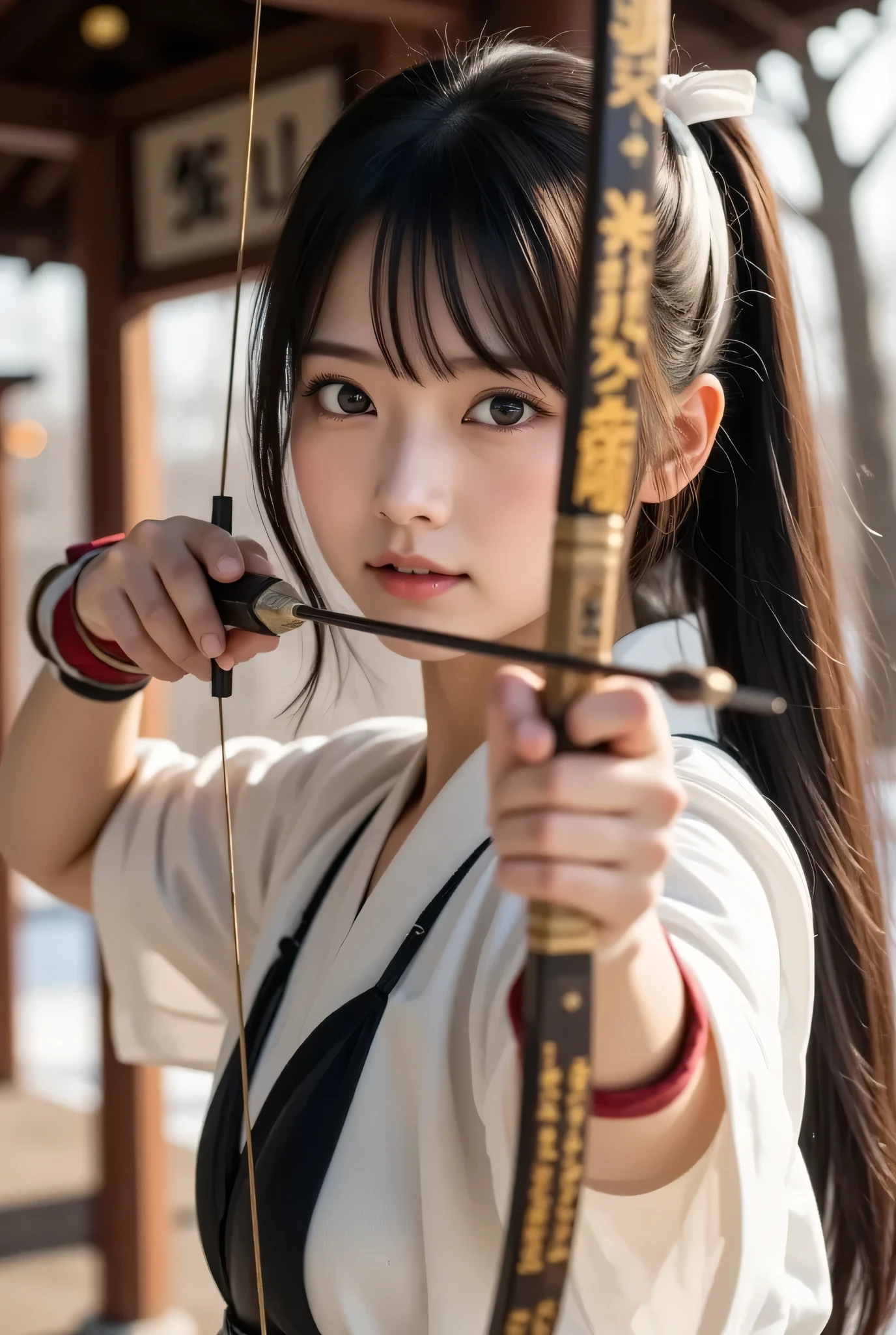 Photorealism, retina, accurate, anatomically accurate, masterpiece, Textured Skin, Super Details, Best Quality, 8k, Super Details, Very accurate down to the last detail, Beautiful detailed brilliance, Beautiful attention to detail, beautiful detailed eyes, (A beautiful Japanese woman wears a long Japanese arrow on a long Japanese bow、Aiming at the target),  capturing her whole body 、Japanese Kyudo archer, Beautiful Girl Samurai , Light clothing , gold、 Sleeves are wrapped up with white rope,  Hair ornament with white ribbon tied in a bow, Red and white arm gloves on both arms,  At a traditional Japanese shrine, Battlefield Background, Winter sunshine filled photo, 雪がgold色に輝く, Realistic traditional Japanese bow and arrow, Realistic string tension、((豪華なgoldの弓と矢))、((The bow is richly engraved)),((I can see the flames in Aranosaki))