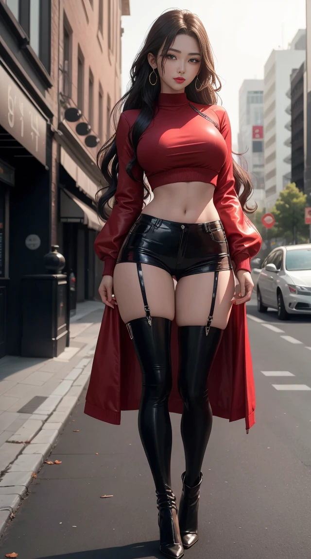 full body Esbian, of the highest quality, Intricately detailed skins, Shiny skin, Shiny hair, pale complexion，Colossal tits ,Big breasts), 　Red sky,　Red Moon， Inside the city, ((Skull Mark)), ambitious, Seductive Woman, Gray hair, Long hair, Hair fluttering in the wind, Skull mask on half of the face, Detailed tattoos, Red Santa Clothes, Red sleeveless clothes, Red fur coat, Leather gloves, Solid Gold Bracelet, Leather skirt, Red mini skirt , Hat with skull marker, (Leather Belt), Look far away