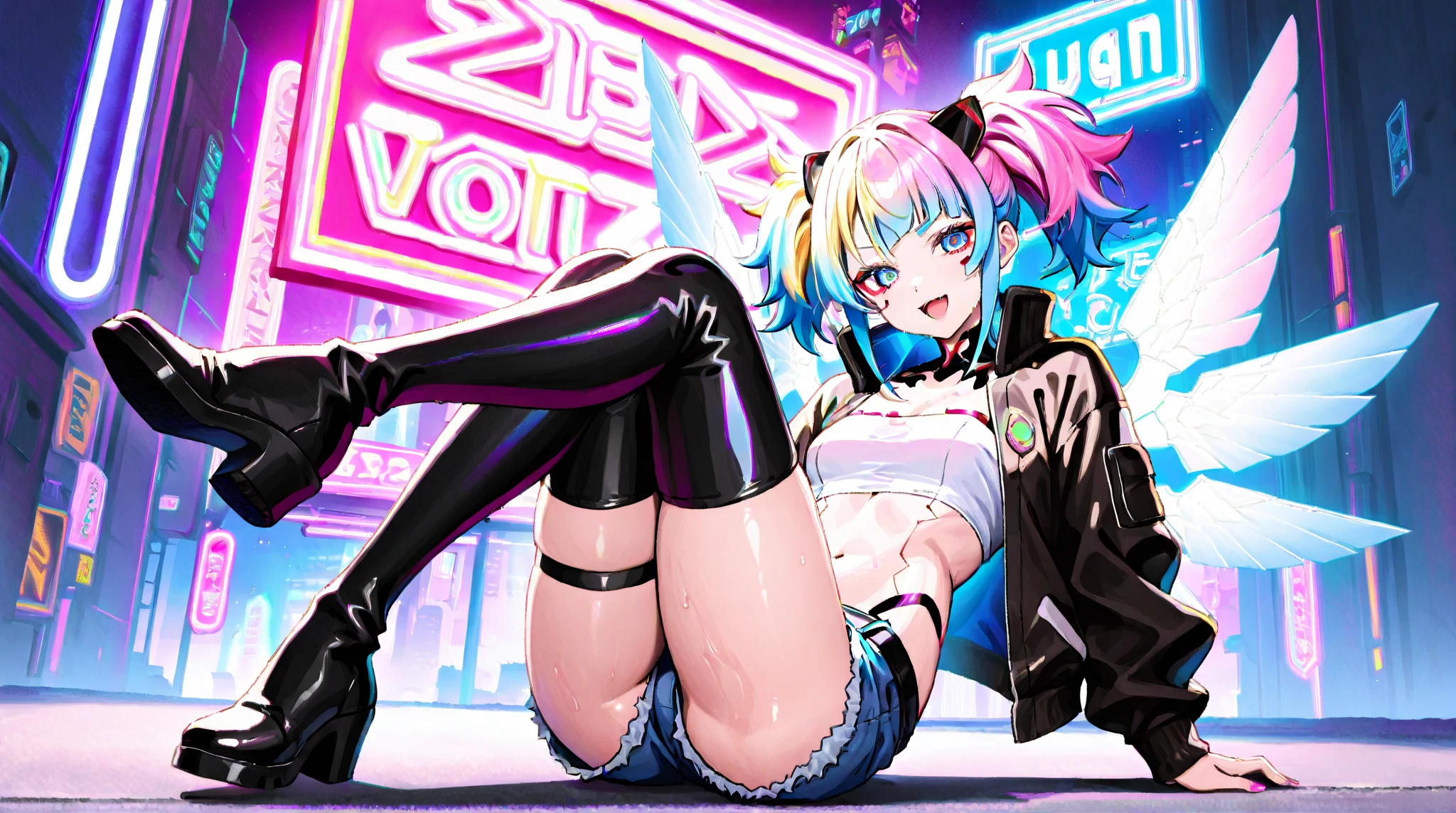 full body, 1girl, loli, solo, Eye focus,Masterfully crafted Glow, pink lens flare, Cinematic background,colourful, hyper details, hdr, ultra detailed eyes, mature, plump, rainbow painting drops,(supermodel:1.3), made up from paint, entirely paint, splat, splash, indoors, (bioluminescent hair:1.1),(glowing eyes), ((makeup)), fierce, powerful, splashes of colour absolutely eye-catching, dynamic angle, beautiful detailed glow, ambient occlusion, ambient light, raytraced reflections, retro style, living arcade characters, arcade style world, gloves, jacket,weapon, shorts, black gloves, black jacket, gun, drill hair, black shorts, eyewear on head, bubble blowing, chewing gum, (Cute face:1.3),