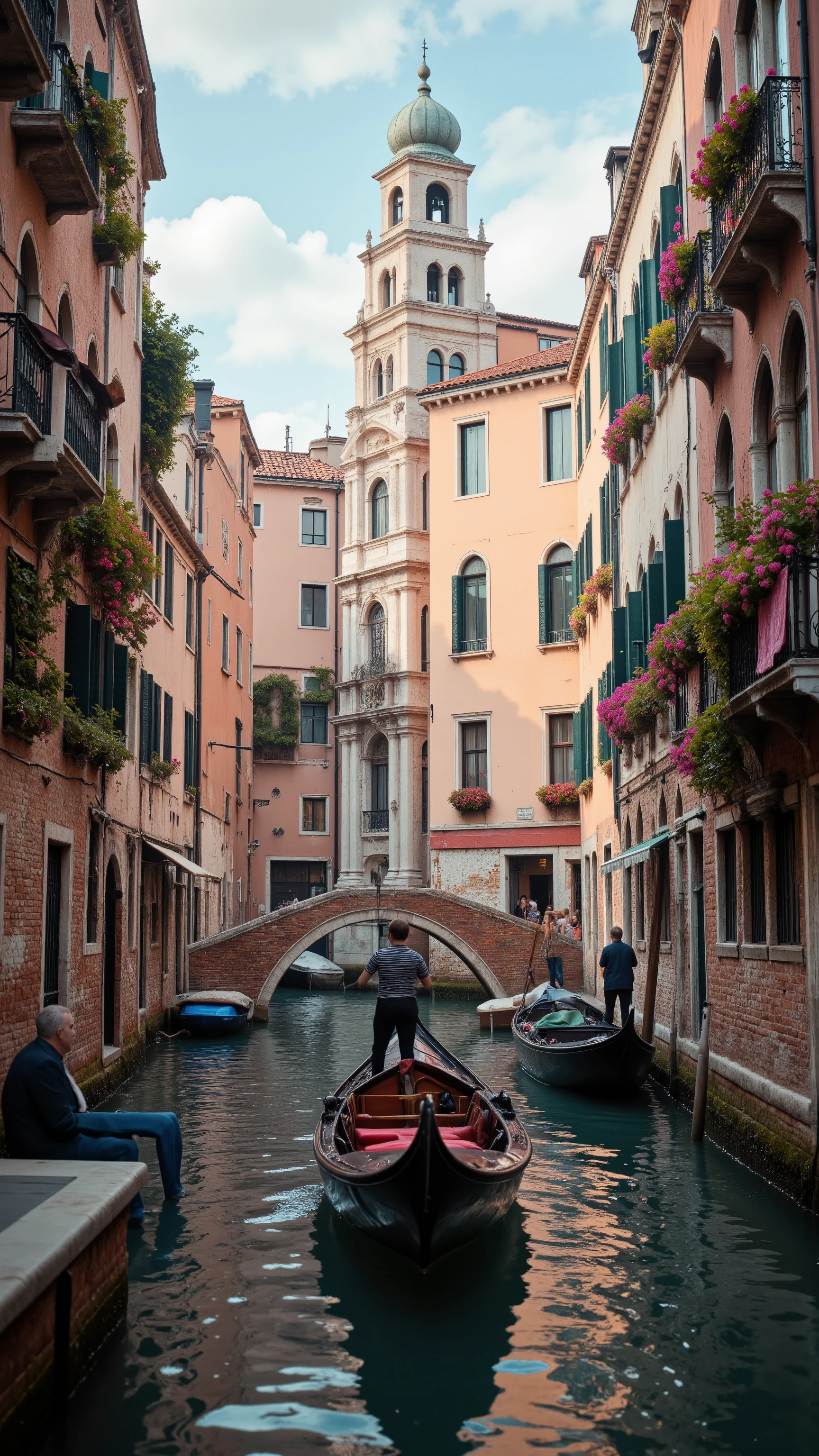 highdefinition images、Venice in the flower season、Have a great time riding a gondola through the colorful and beautiful cityscape、The cityscape from a gondola perspective。
