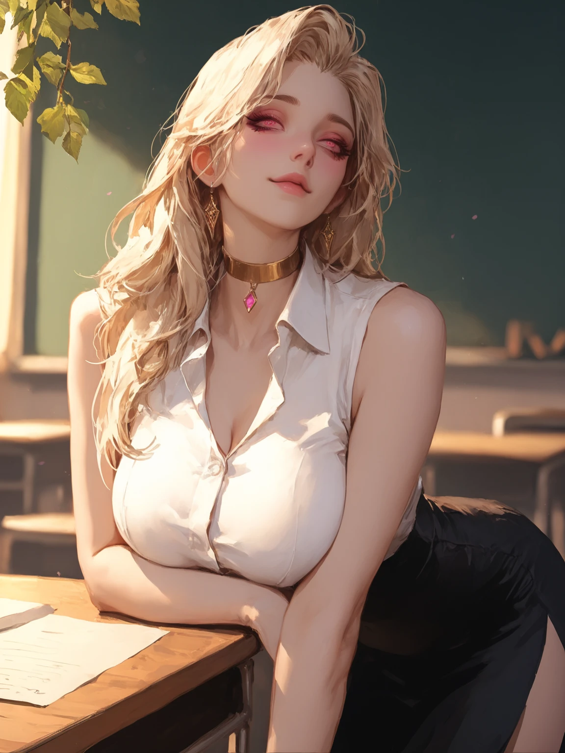 Best quality, masterpiece, ultra high resolution, (photorealistic: 1.4), ???? photo, 1girl light curly blonde hair, ???? mouth,eye-catching ??????????? by neckline, open clothing with neckline, off shoulder, cinematic lighting,(Best quality, 8k, 32k, masterpiece, UHD: 1.2), photo of beautiful american teacher woman in glasses and earrings, long matted blonde hair, beauty face, (leaning forward:  1.3), squat, (top: 1.2), (close up: 1.4), POV, loose t-shirt, ?????????????, (nice ?????? slide: 0.9), in class, with your students MS, shiny skin, blurred background,