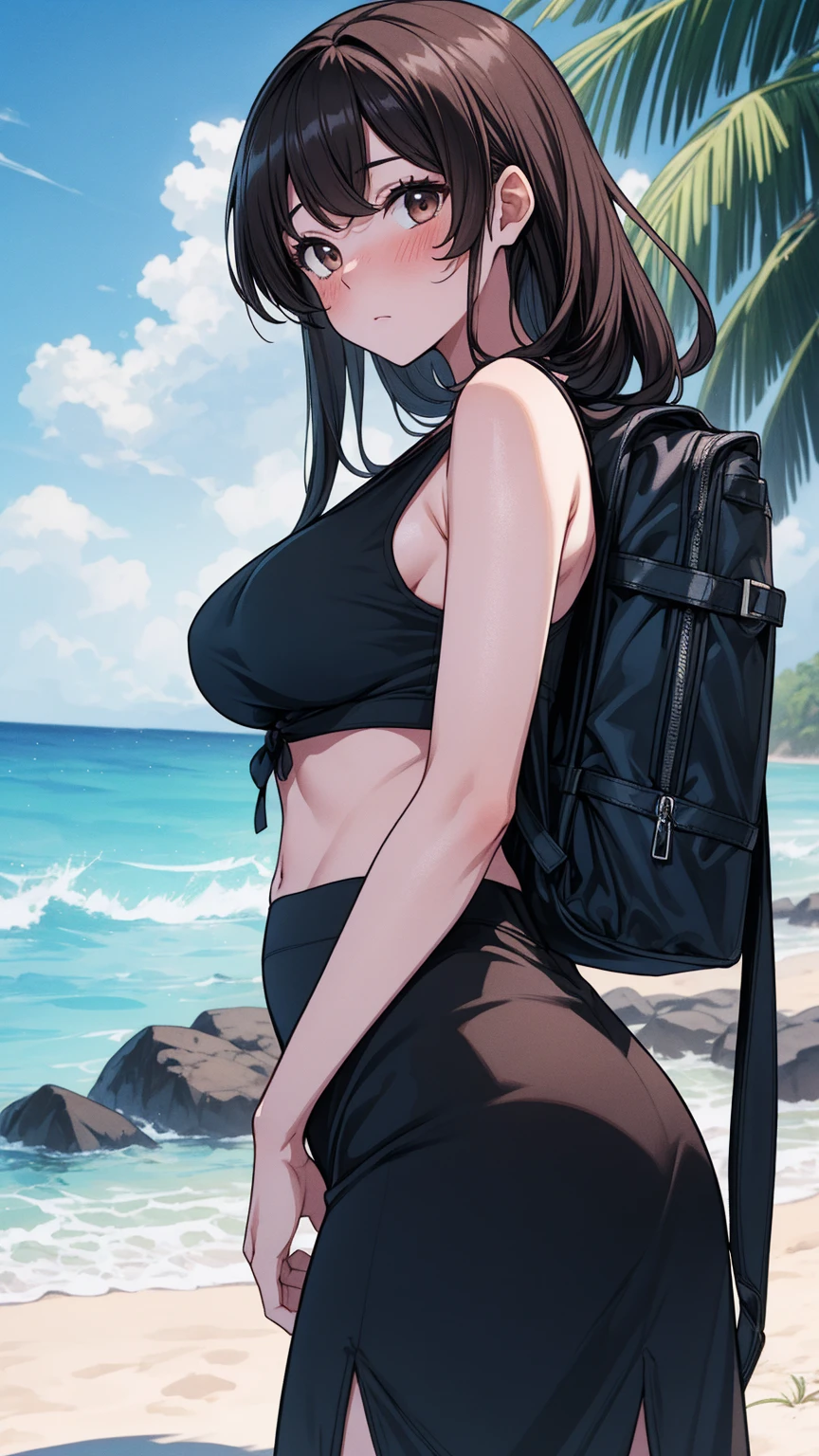 masterpiece, best quality, high detail, beautiful business woman, wavy hair, dark brown hair, black blazer, pink bra, midriff, belly button, black business skirt, midi pencil skirt, looking at viewer, wide eyed, beach, sandals, tree, smile,