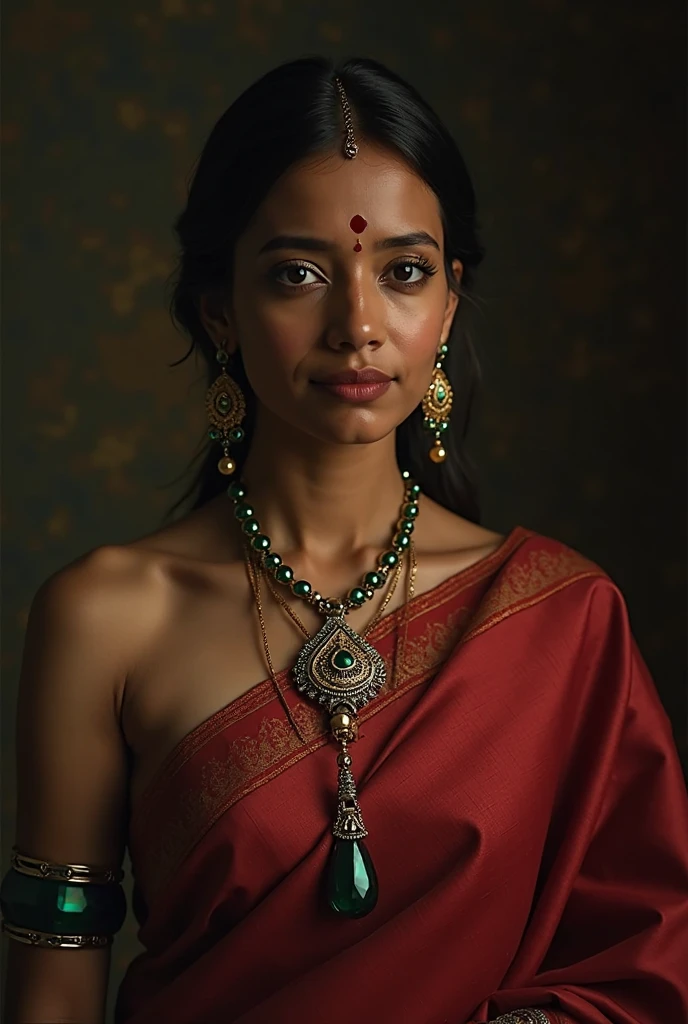 A closer shot of - a old indian women - wearing a red and black saree- in a dark and blue coloured forest