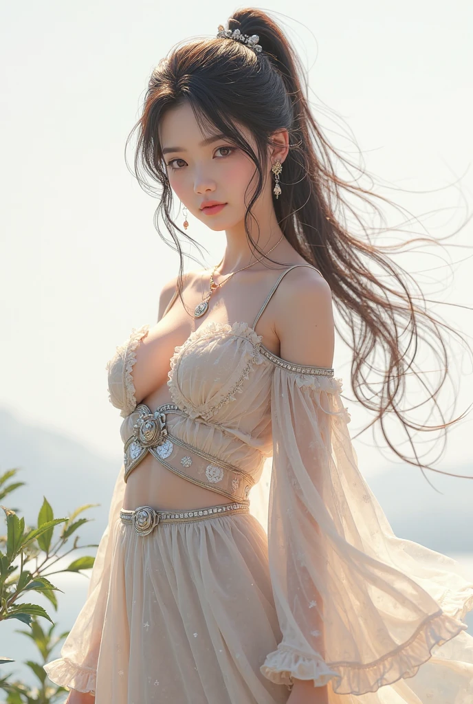 Photo-realistic quality、A Japanese idol performing belly dancing on stage in a sheer dress,Wearing a belly dance costume, She is dressed as a belly dancer, gracefully belly dance pose, Full Body Shot, Beautiful skinny Japanese model、the waist is thin and constricted,、Detailed and beautiful eyes、Cute smile、A soft and gentle look、looking at the camera、Dancing alone on stage