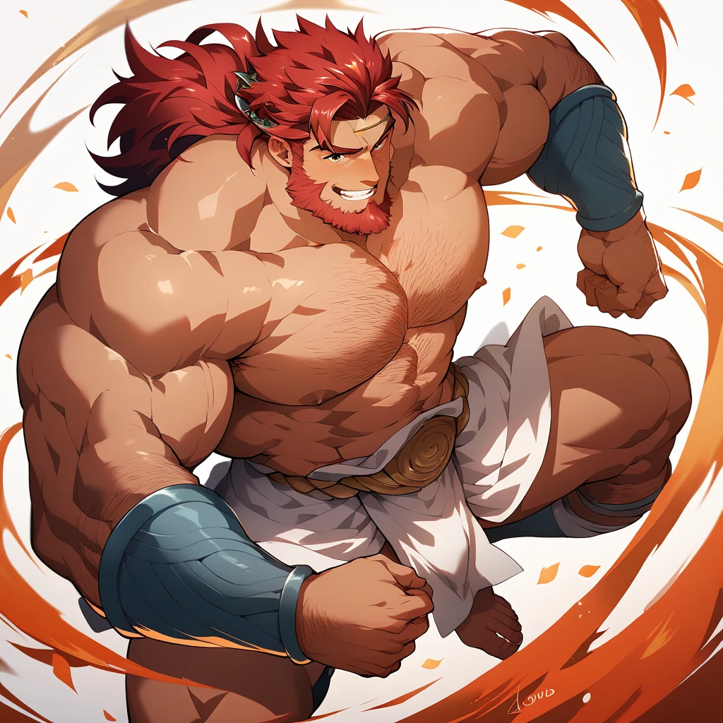 1male, adult, dark skin, finely detailed aqua eyes, medium wild messy hair, ombré orange hair color, fancy open haori, standing in shrine, somber expression, muscular, muscular build, excited expression, wide wild smile, tattoos, beard