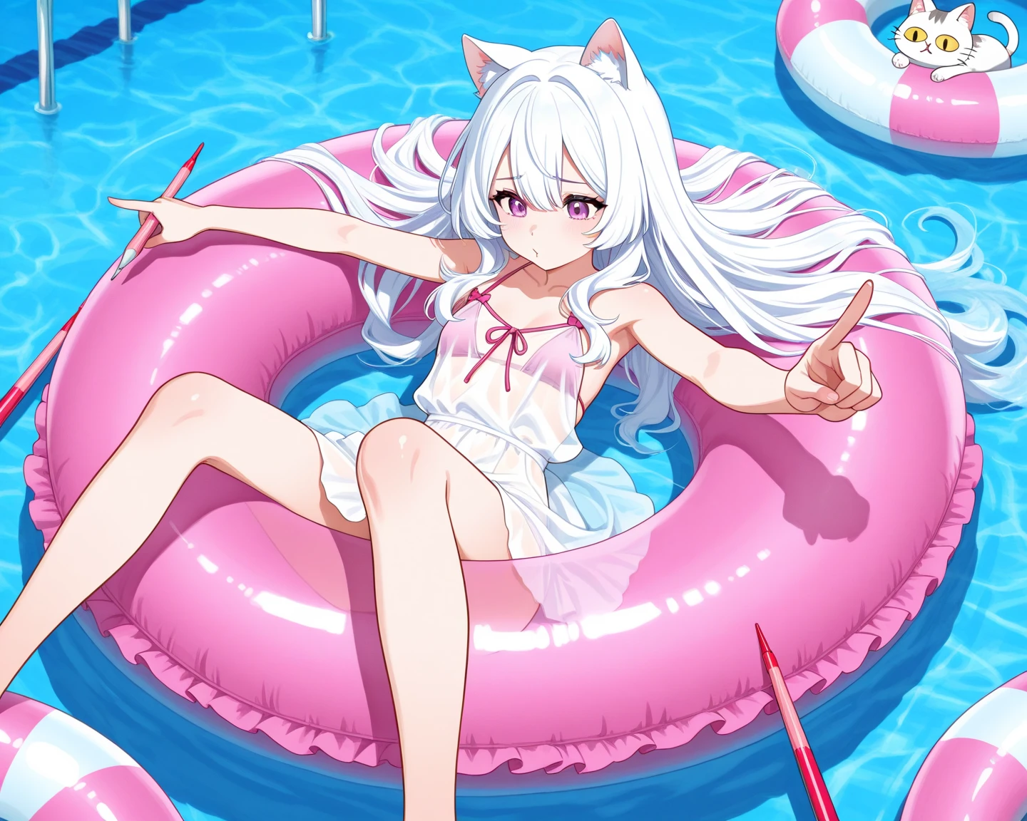 Anime girl in bikini sitting on rubber ring in pool, at pixiv, Highest rated on Pisif, full bodyesbian:: Sunny weather::, Pisif, Pisif 3DCG, Pisif style, made with anime painter studio, in a bathing suit, Featured on Pisif, Popular on Pixiv, Popular on Pisif, White-haired fox