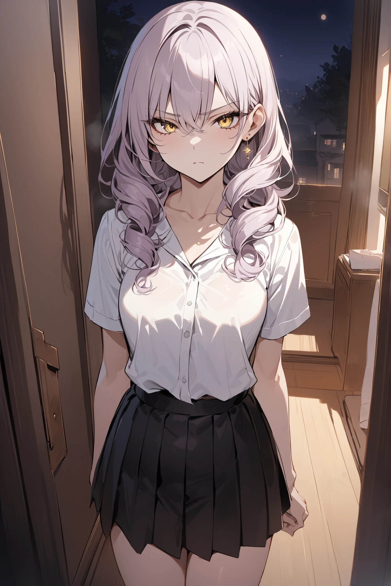 ((masterpiece,Highest Quality:1.2)),(soro),night,Slender, slender high school girl standing in her room, light purple long curly hair ,Perfect yellow eyes, tree eyes ,serious expressionless,white school short sleeve blouse,(Black Pleated Skirt),Gold Earrings