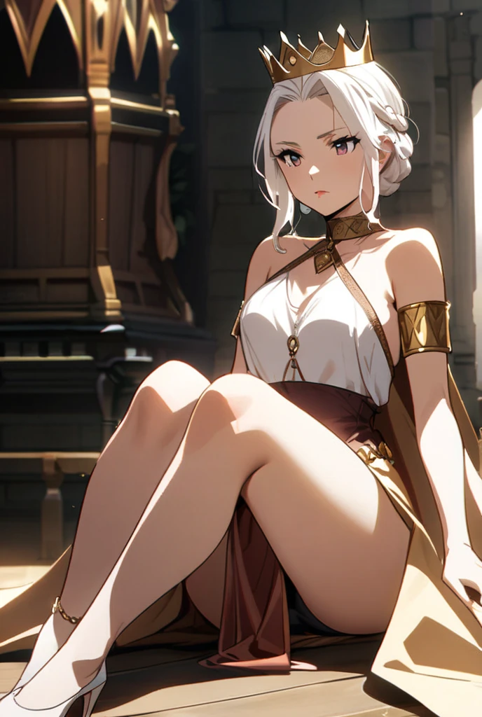 roman baths，White short hair girl，Perfect face，sit with legs crossed，Cross your legs，Sitting on a stone throne，The light source is the oblique sunset，There is some blood on the face when the sun hits it，Queen，The position is lying on the side，Bathrobe，Bathing，greek clothing