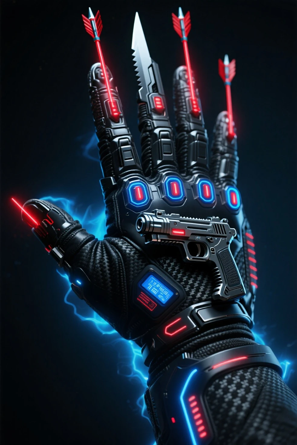 A legendary-tier futuristic modern glove, crafted from matte black metal and carbon fiber, with an ergonomic and aggressive design. Each finger and the back of the hand features hidden weapon mechanisms: a mini machine gun embedded in the palm, automatic arrow launcher on the back, razor-sharp blades that can extend from between the fingers, and red lasers at the fingertips. The glove is adorned with blue and red LED lights, a small digital panel, and glowing neon effects. Ultra-detailed sci-fi style, focus on metal textures, weapon mechanisms, and futuristic lighting effects, dark background with a blue energy aura.