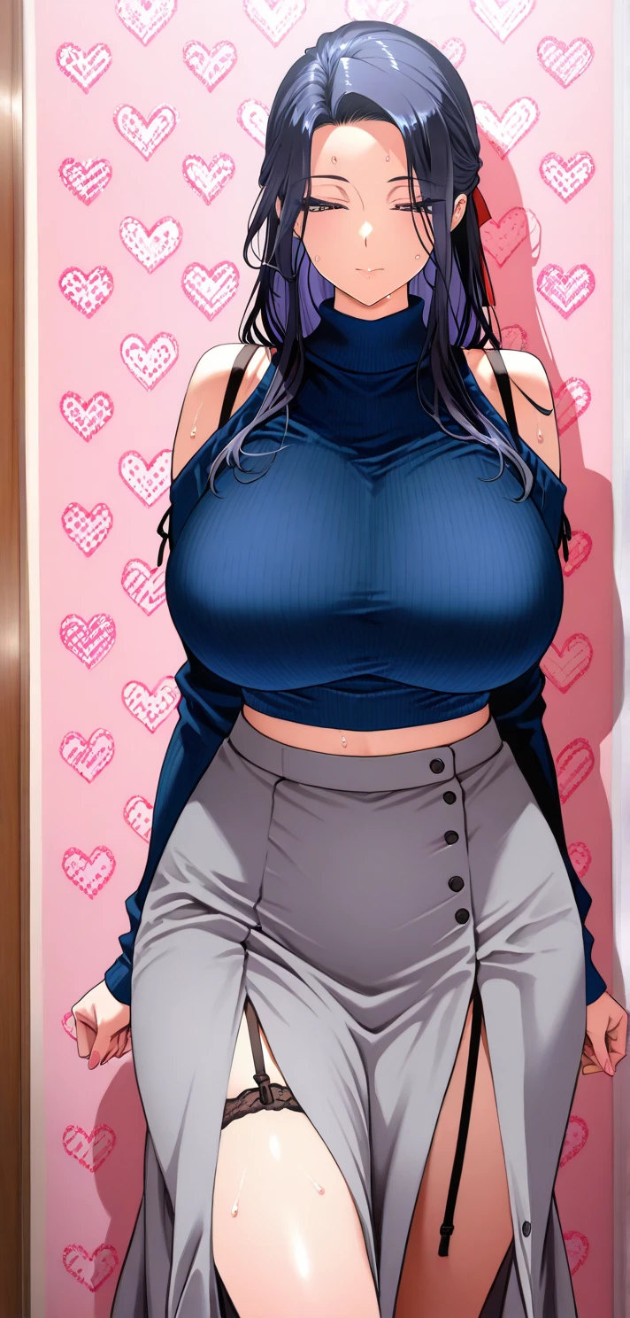 Masterpiece, highres, high Quality, detailed face, detailed body render, 1girl, solo, hyuuga hinata, hinata-sleeveless-outfit, large breasts, big breast, sleeveless shirt, fishnet top, dark lips, unzipped jacket, no bra, breasts out, nipple, standing, blushes, (on bedroom)