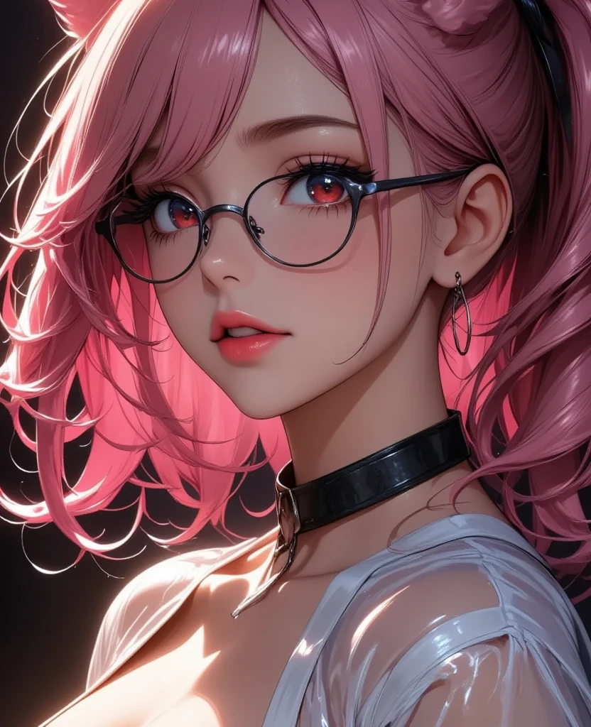 Close-up of a woman with Pink hair wearing glasses, artwork in guvez style, guvez, kawaii realistic portrait, Inspired by Kiyohiko, glowing Pink face, Pink girl, Beautiful Anime Portrait, Pink glasses, glowing Pink eyes, realistic anime 3 d style, Yang Juncheng, Realistic anime art style, ((Pink)8K