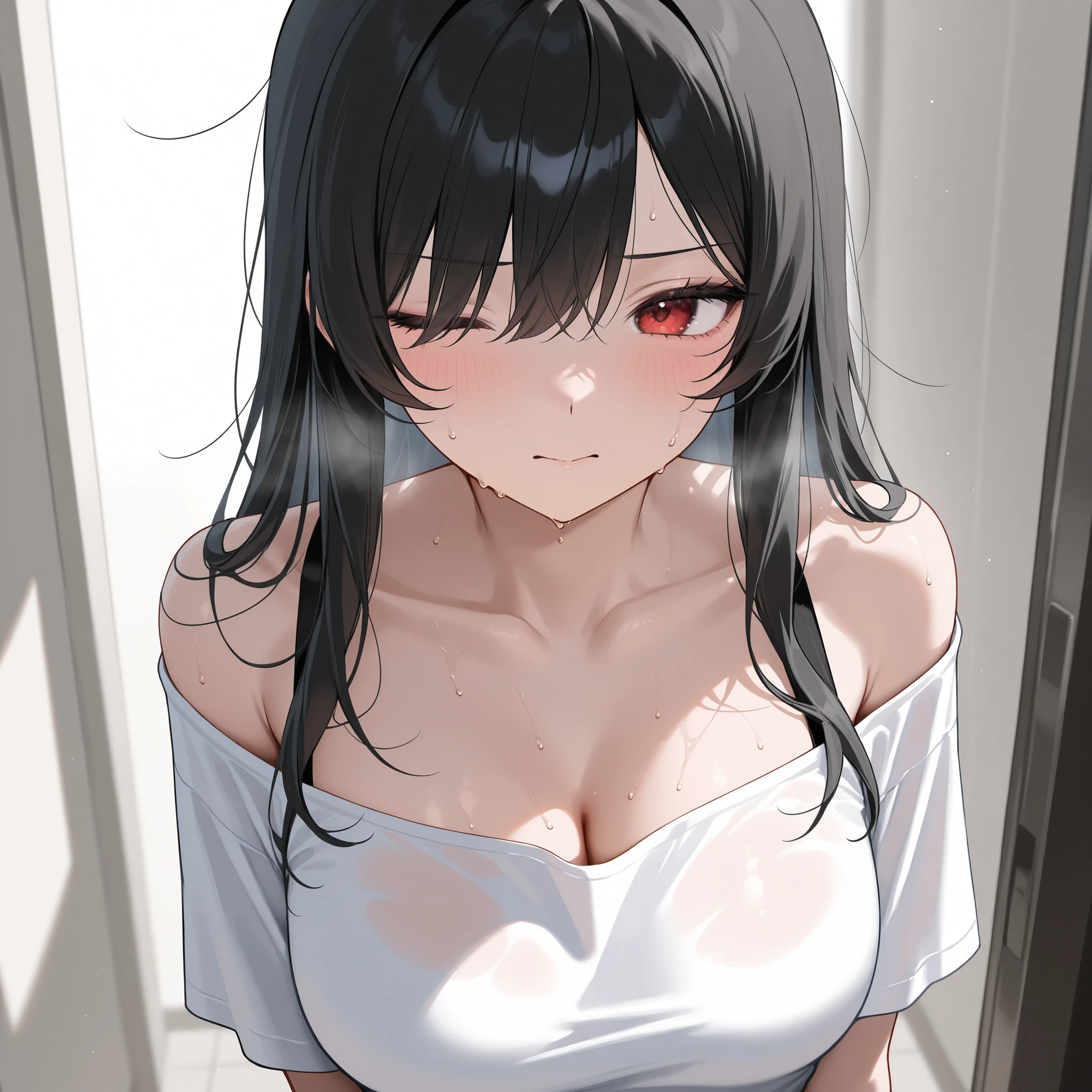 masterpiece,1girl, black hair, upper body, off-the-shoulder oversized white t-shirt、Hair on one eye、winked one eyes、long hair、medium Breasts、sweat