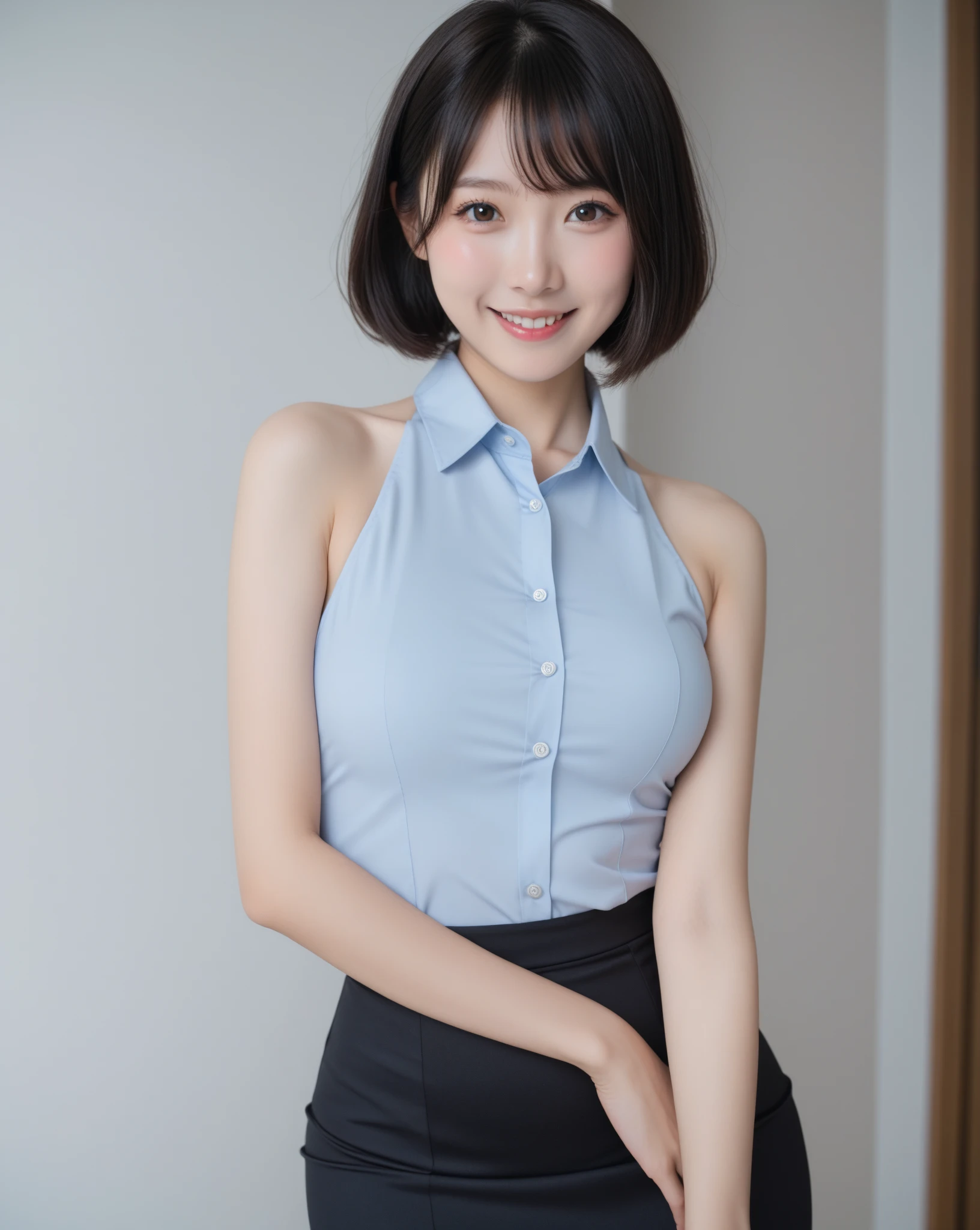 Highest quality、masterpiece、8k、Very detailed、Realistic、One girl、Looking at me with a smile、Black Hair、Short Hair、Small face、Slender、Big Breasts、Thin and beautiful legs、narrow and constricted waist,、(A tight-fitting shirt with an open center, buttons and a collar:1.2)、Tight Skirt、Dressed like a female teacher、(Erect nipples:1.2)、(50 years old:1.2)、(Wrinkles around the eyes:1.2)、(wrinkles around the mouth:1.2)