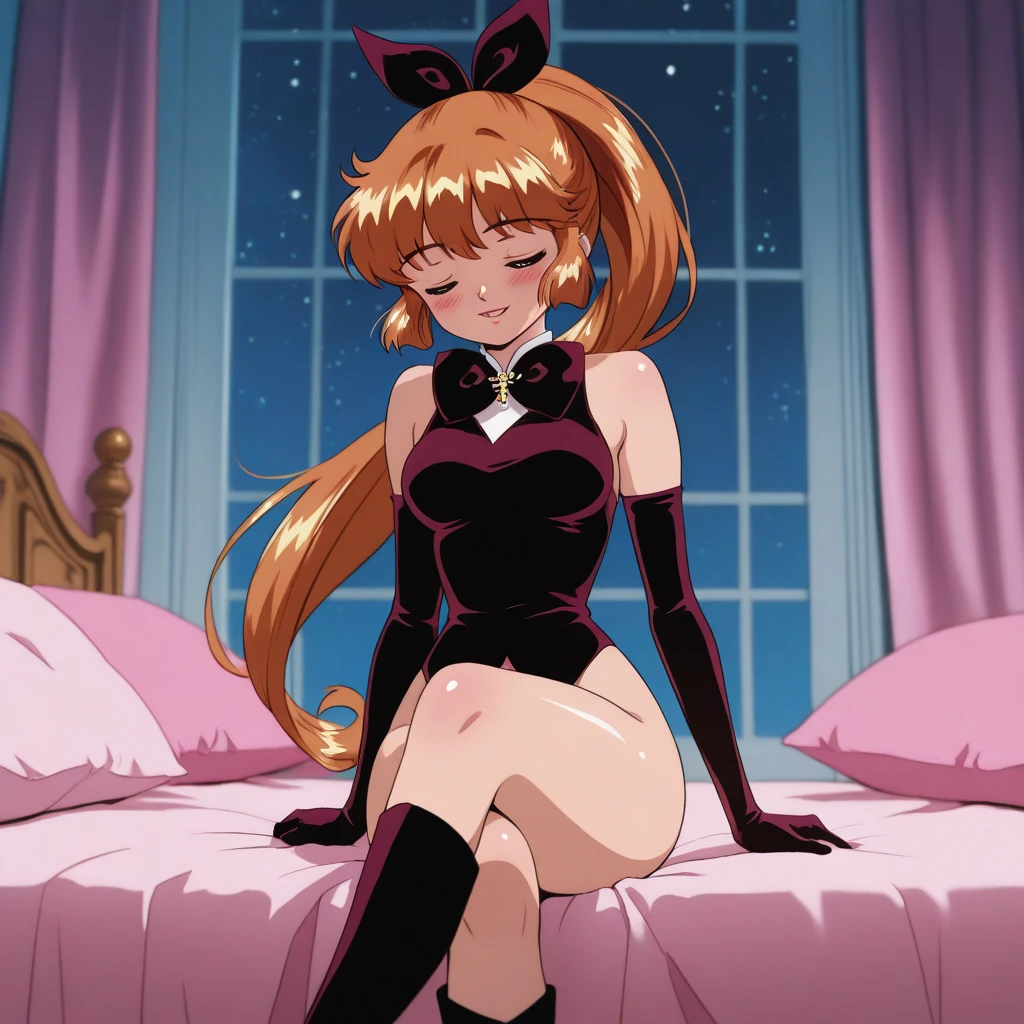 Masterpiece, Best Quality, 1girl, medium breast, brown hair, long hair, multicolored hair, orange red hair tips, swept bangs, brown eyes, playboy black bunny, fake rabbit ears, fake rabbit tail, detached wing collar, bowtie, strapless leotard, pantyhose, high heels, wrist cuffs, covered navel, bare shoulders, uncertainty, blushes, looks away, ((straight-on)), sitting on bed