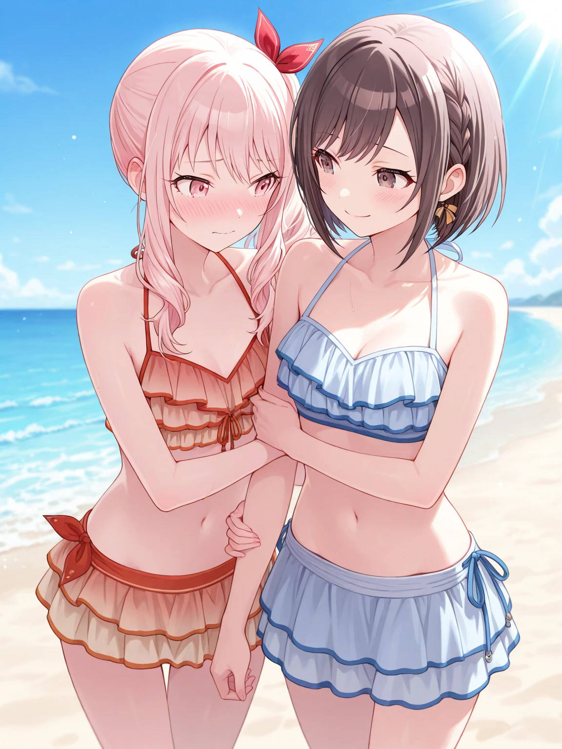 (Sky blue medium hair),(Braided hair tied together)、Pink eyes、Fair skin、(whole body)、(One Girl)、Black frilly swimsuit、Stylish sunglasses、Shining white sand beach in midsummer、Okinawa's ocean、A happy smile、、(masterpiece、Highest quality、Very detailed、Best Shadow)、(Detailed Background)、(Beautifully detailed face)、High contrast、(Best lighting、Very delicate and beautiful)、((Cinematic Light))、colorful、Hyper Detail、Dramatic Light、Exquisite detail、Standing with your legs apart