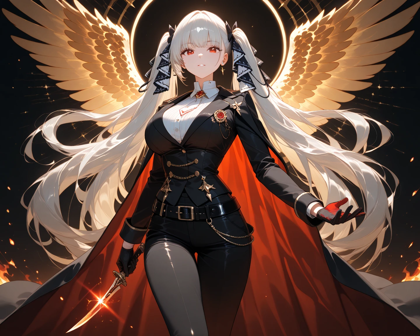 (masterpiece, best quality:1.2), solo, 1girl, xrdjacko, smile, looking at viewer, hand on hip, compass rose halo, bodysuit, black gloves, belt, ankh, cleavage <lora:guiltygear_xrd_jackovalentine:1.0>