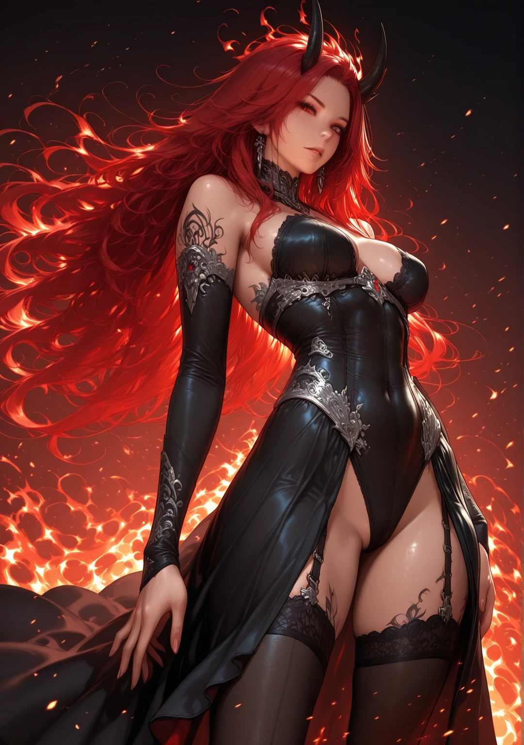 1 girl, dragon scale on body, red scales, red eyes, glowing eyes, big breast, slim waist, front view, hourglass shape figure, red hair, long hair, masterpiece quality, UHD, super detailed eyes, ultra detailed image, 16k, high resolution, high quality image,